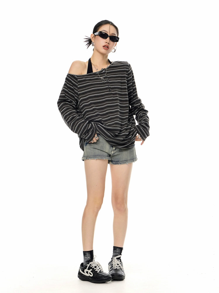 ICH MODE 美式复古斜肩T恤女2025新款秋冬露肩长袖宽松一字肩上衣