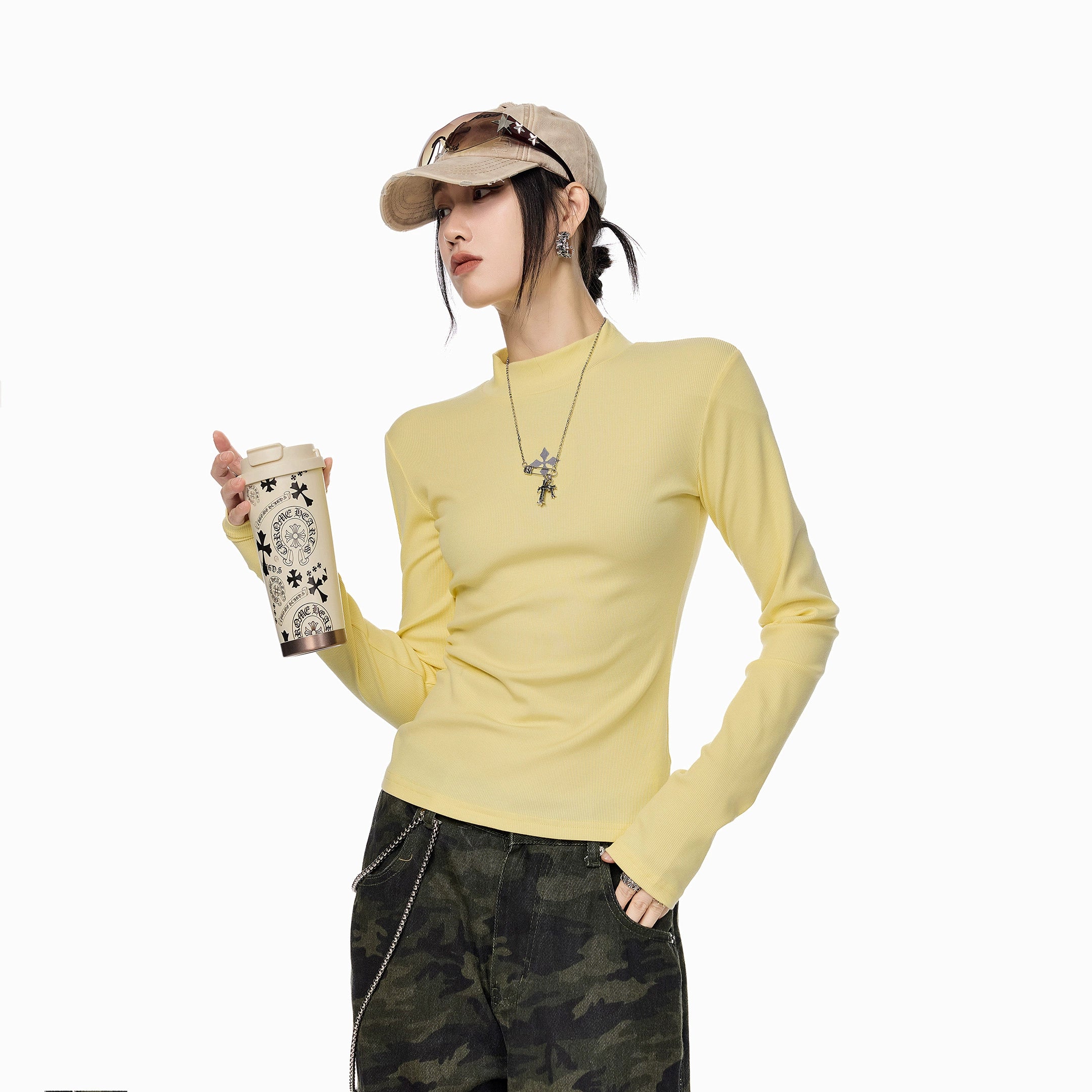 ICH MODE 美式复古修身长袖T恤女秋冬内搭打底衫修身圆领正肩上衣