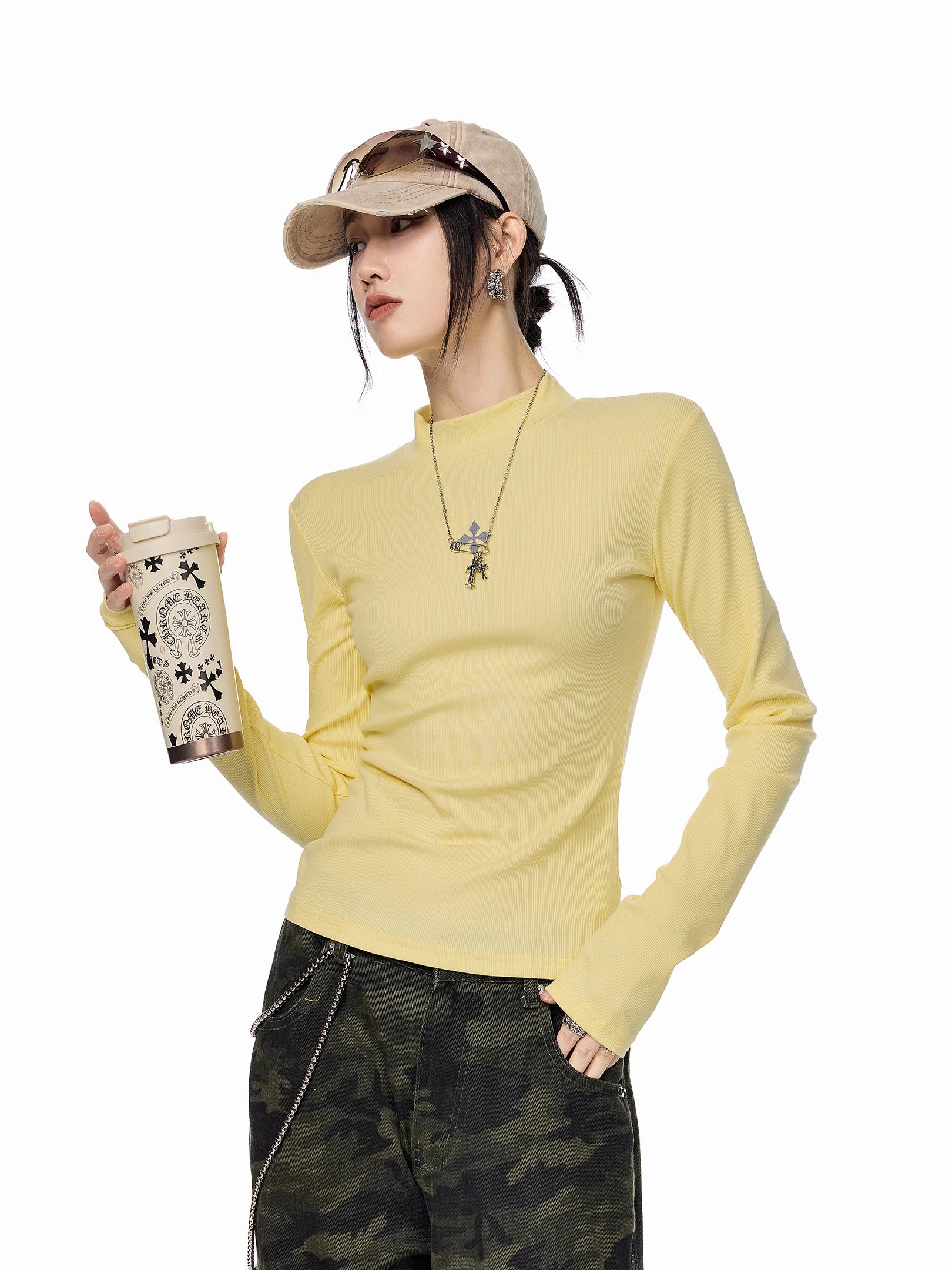 ICH MODE 美式复古修身长袖T恤女秋冬内搭打底衫修身圆领正肩上衣