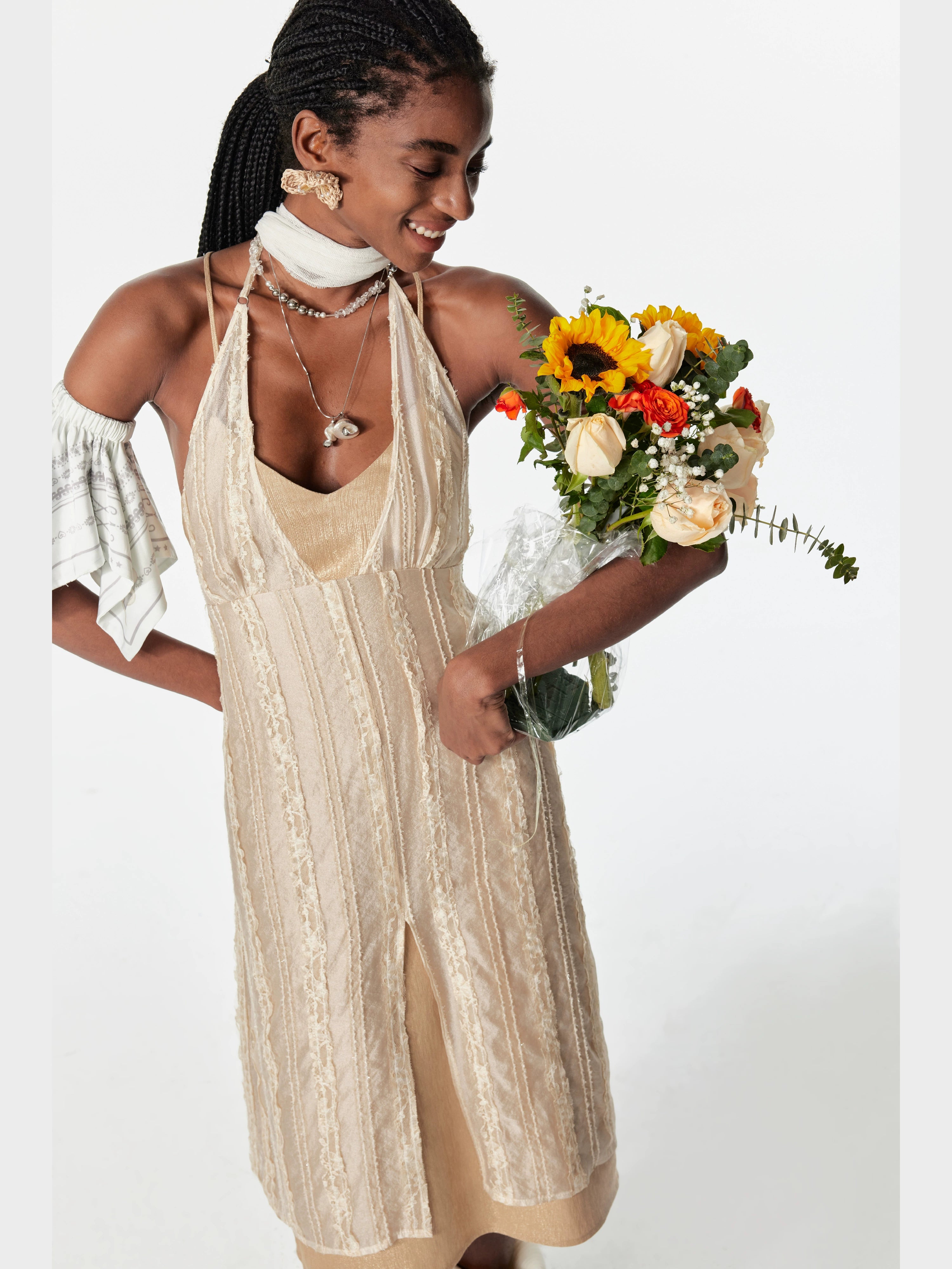 2th Desire假两件双层银丝花边绑带无袖露背度假风吊带裙连衣裙女