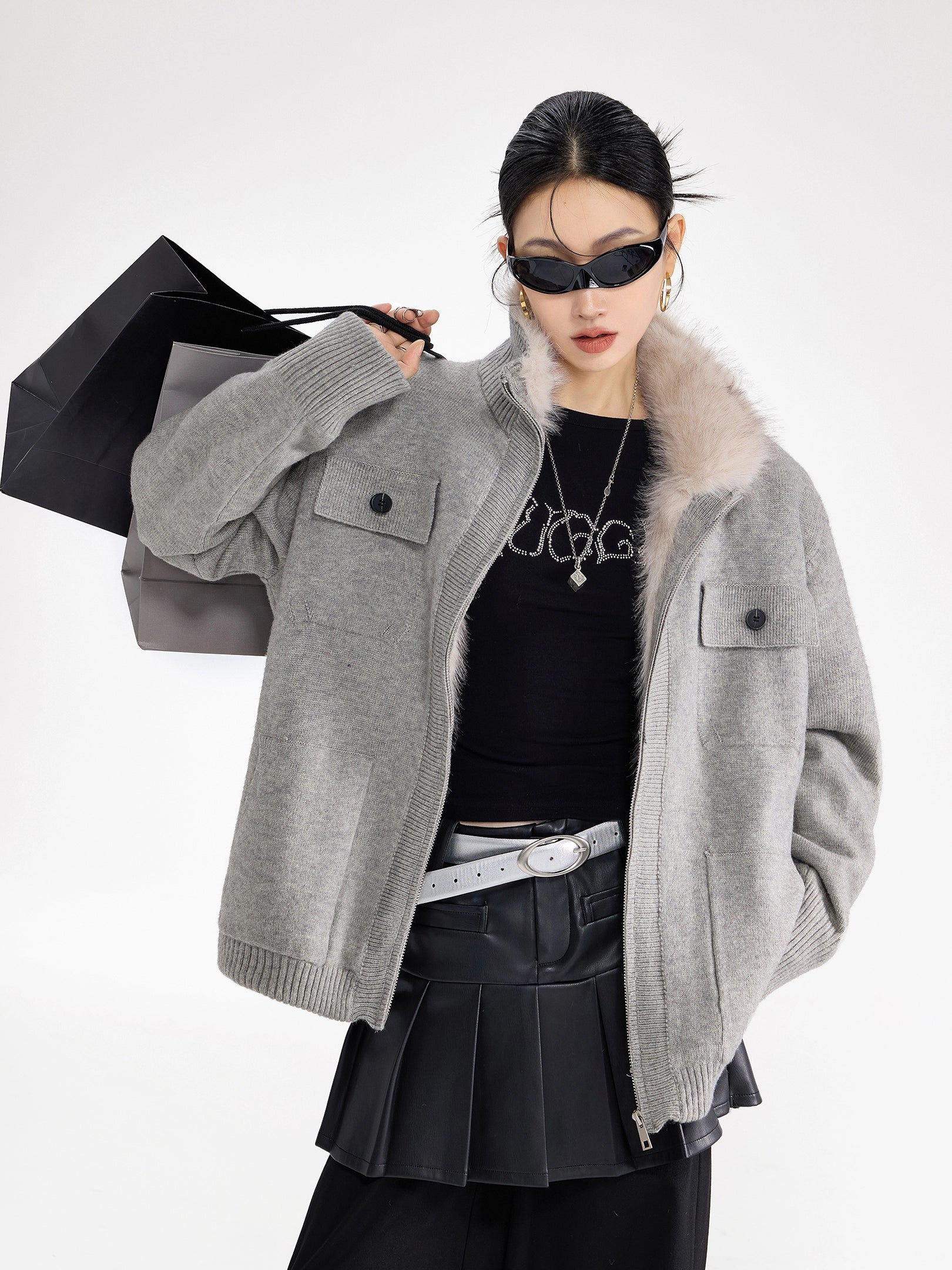 ICH MODE 美式内胆加绒毛针织开衫女秋冬季高领毛衣外套2025新款