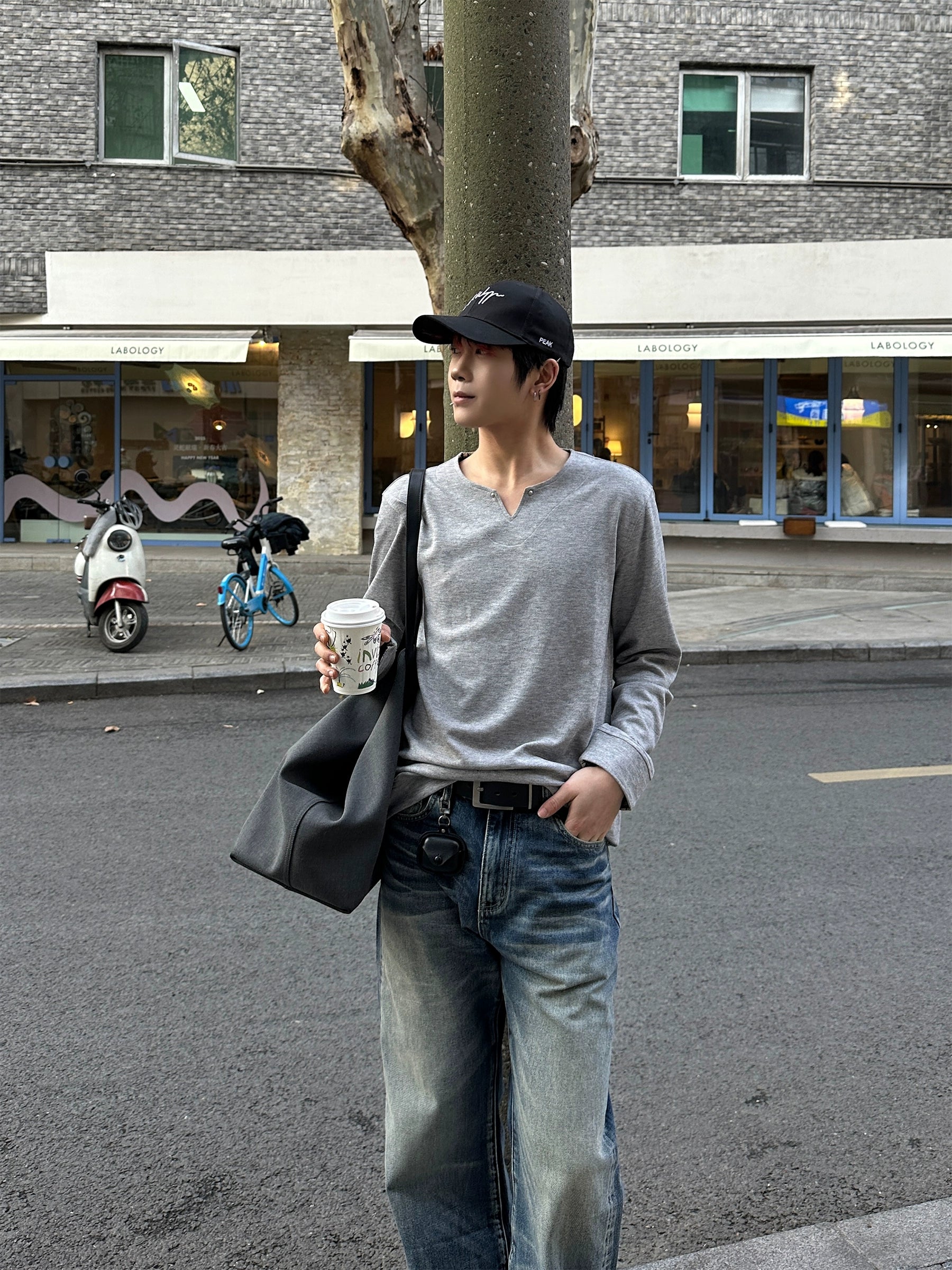 双色V领格纹拼接长袖T恤打底日常通勤搭配TERRAINCOGNITA25SS