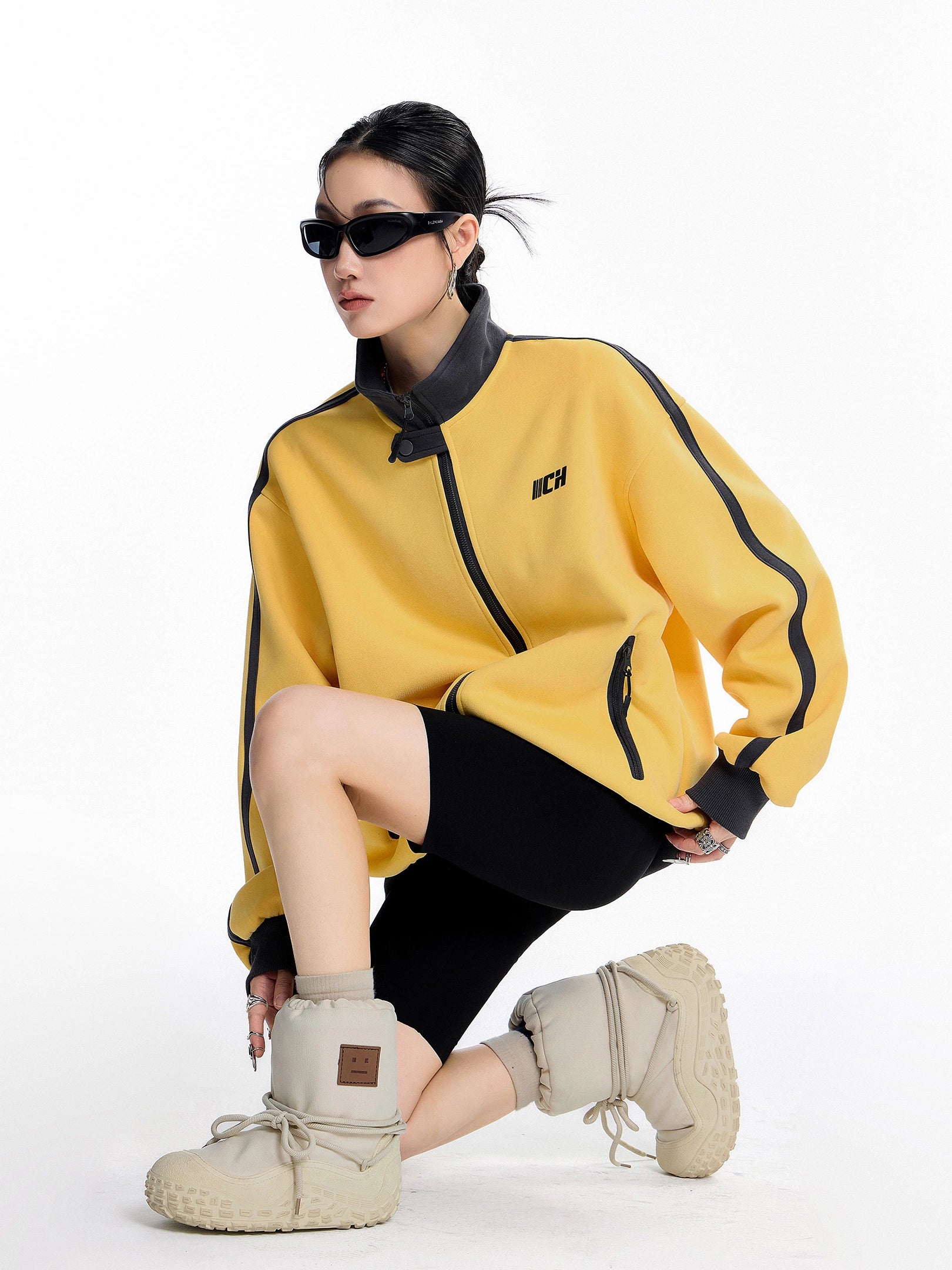 ICH MODE 美式复古撞色立领外套女秋冬新款运动夹克开衫卫衣上衣