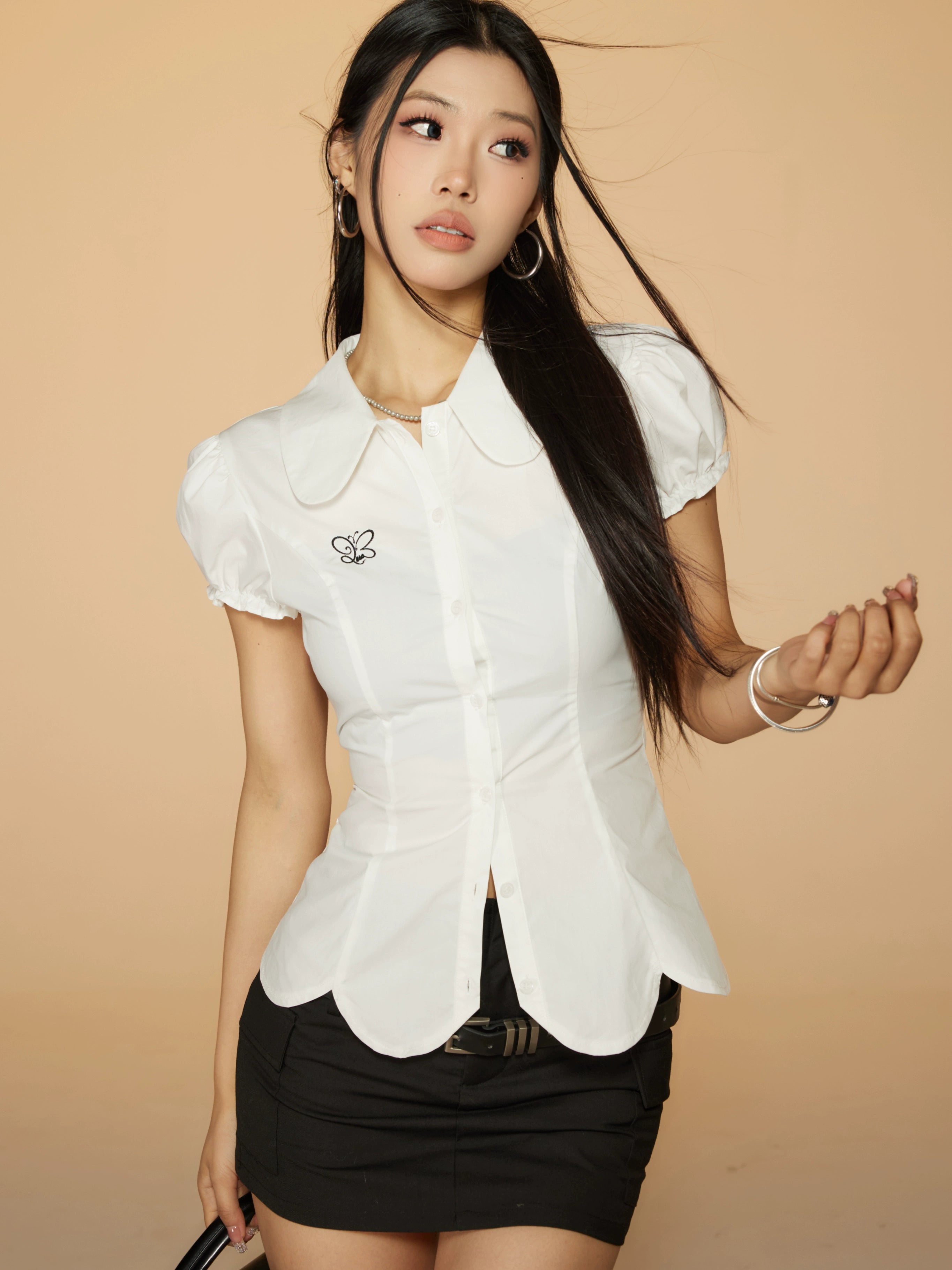 野生zerocircle白色娃娃领泡泡短袖衬衫女春韩系修身显瘦收腰上衣