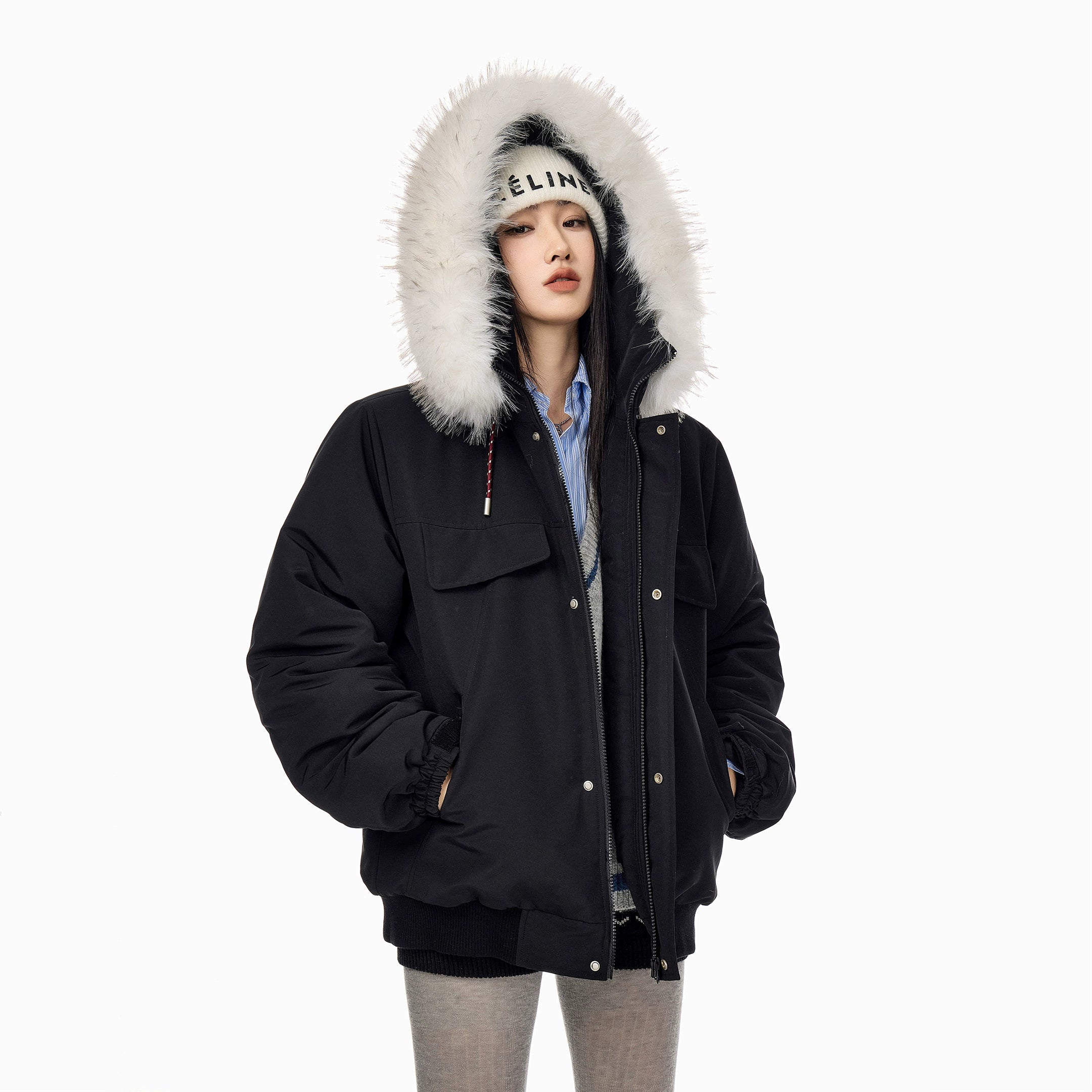 ICH MODE 美式复古毛领连帽棉服女2025新款冬季工装外套保暖棉衣