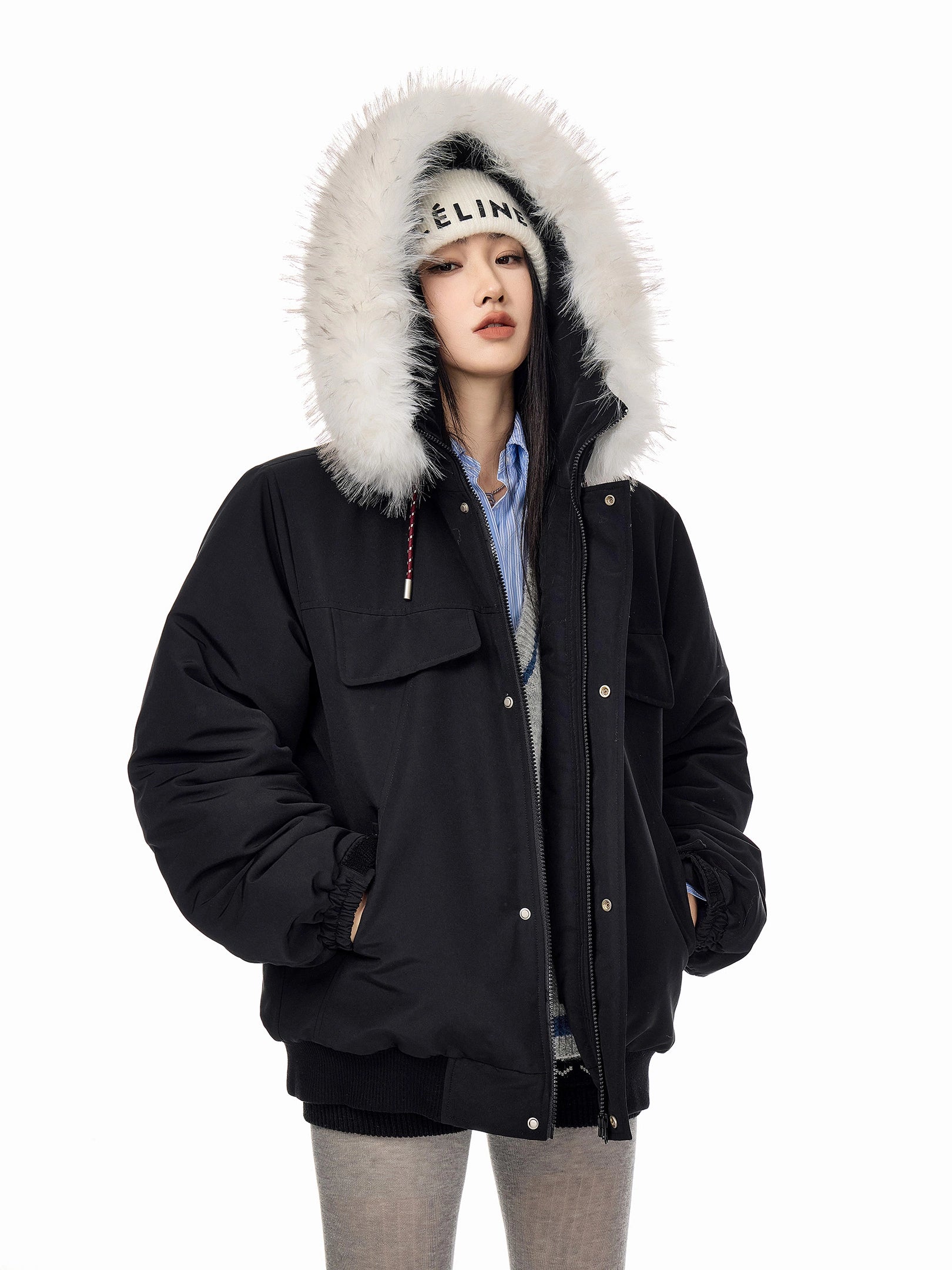 ICH MODE 美式复古毛领连帽棉服女2025新款冬季工装外套保暖棉衣