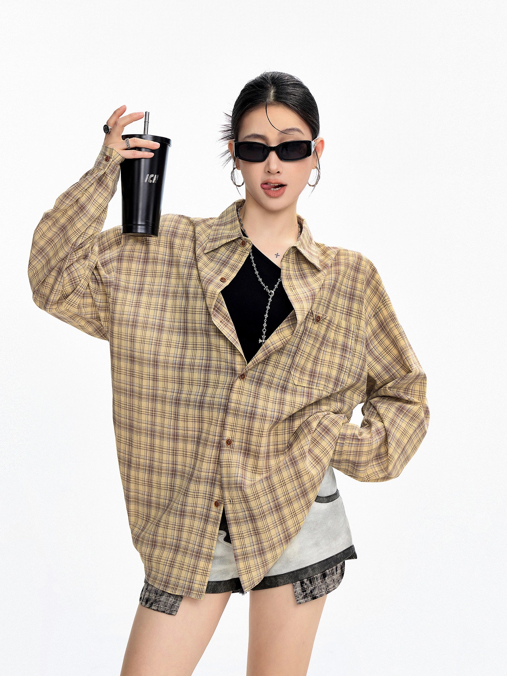 ICH MODE 美式复古格子长袖衬衫女夏季新款百搭休闲衬衣外套上衣