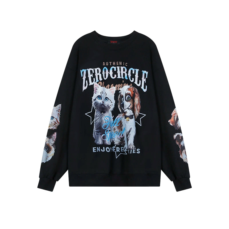 野生zerocircle黑色情侣印花圆领卫衣女春季小众韩版宽松显瘦上衣