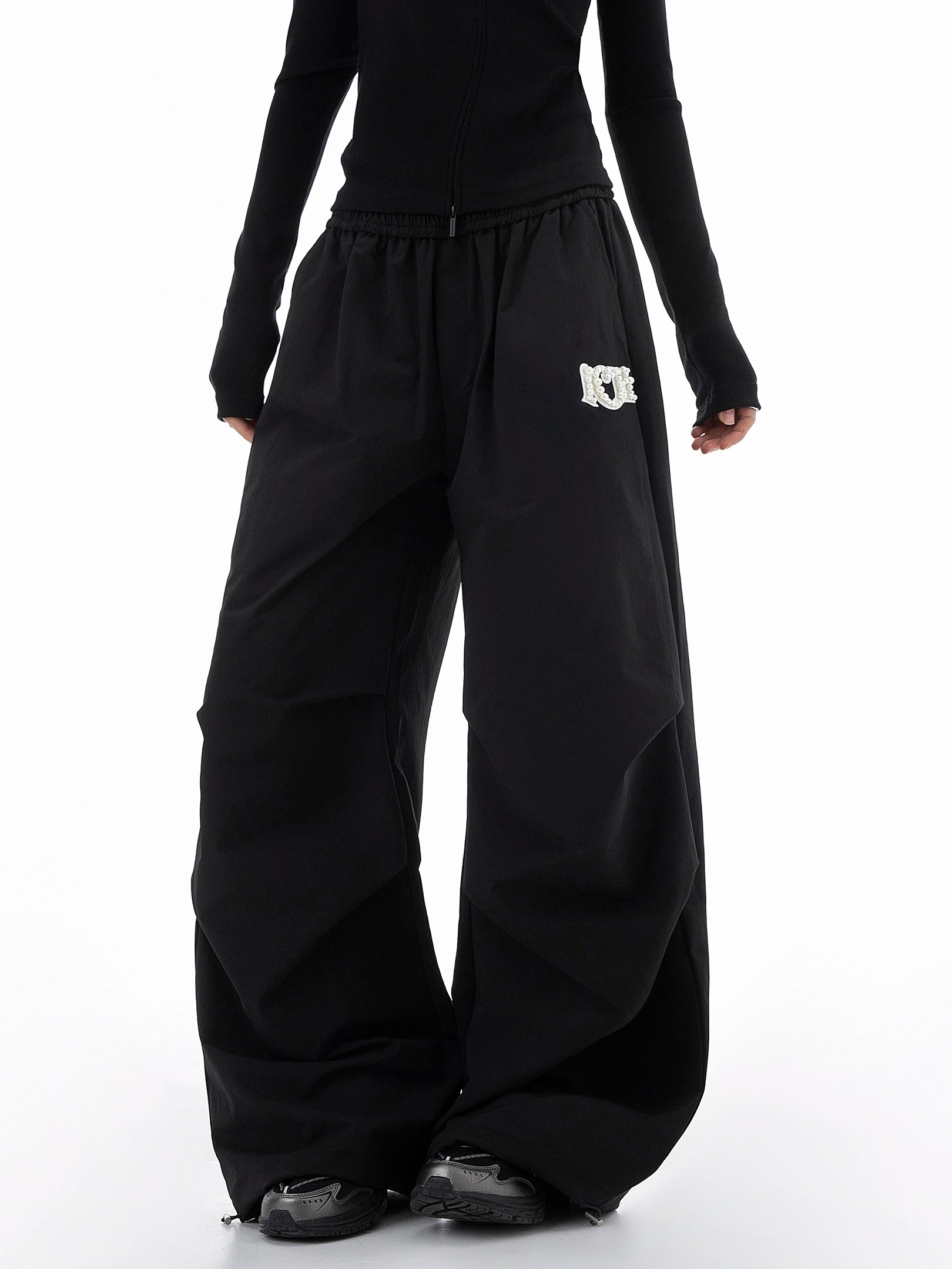 ICH MODE 美式复古珍珠休闲裤女宽松伞兵裤直筒裤阔腿弯刀运动裤