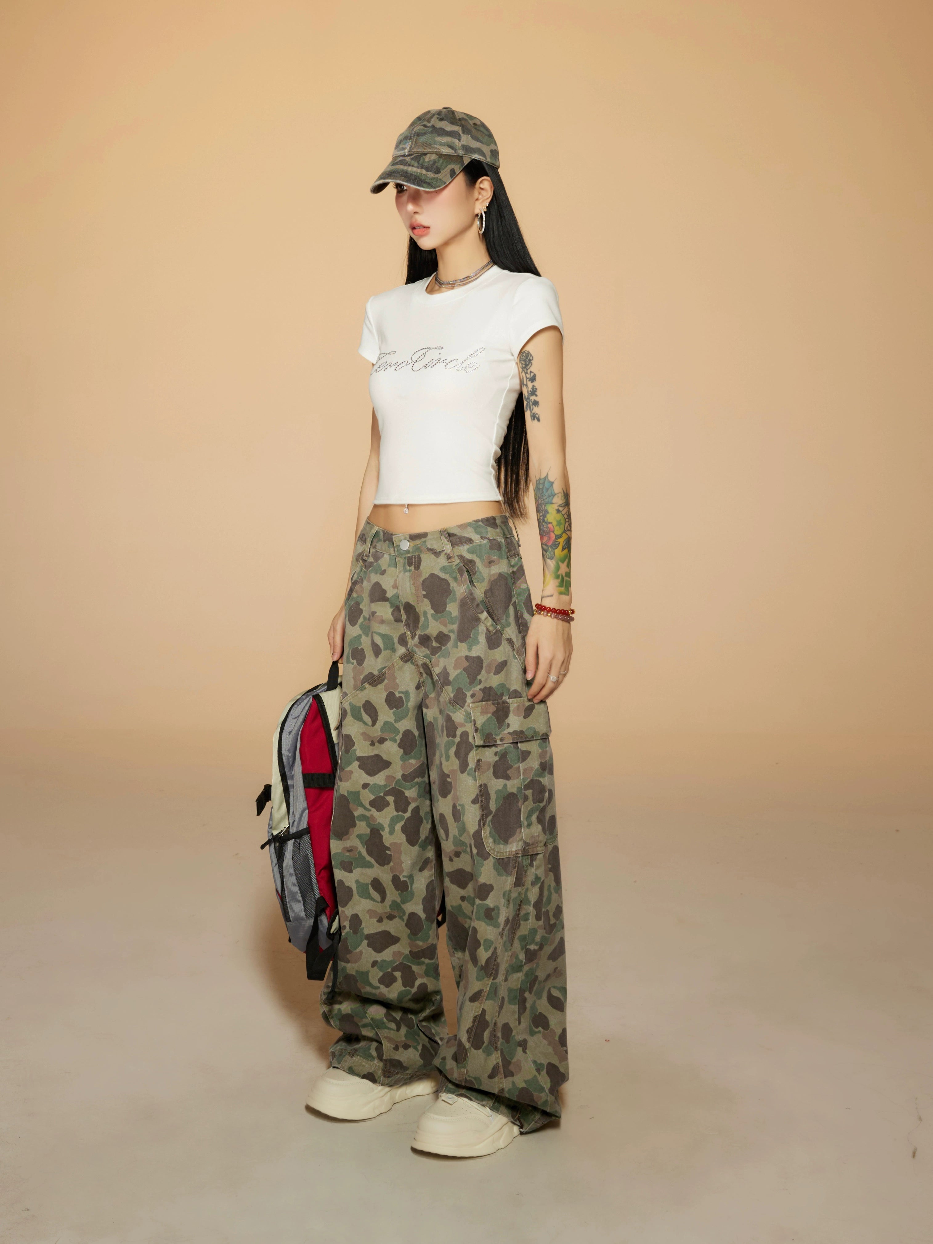 野生zerocircle迷彩工装裤女春夏设计感宽松显瘦直筒阔腿休闲裤子