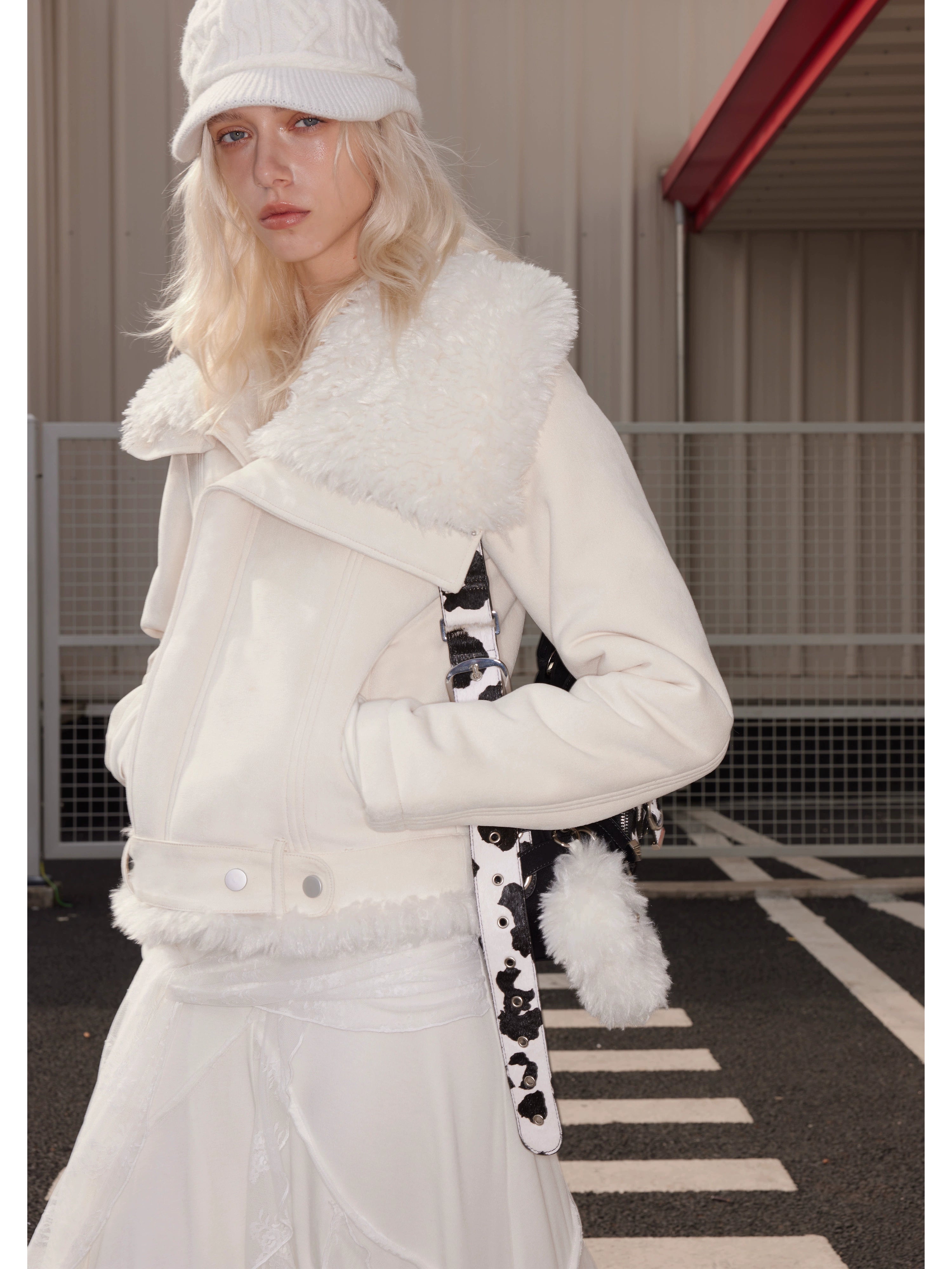 2th Desire不对称毛绒翻领皮毛一体外套加绒加厚短款修身机车夹克