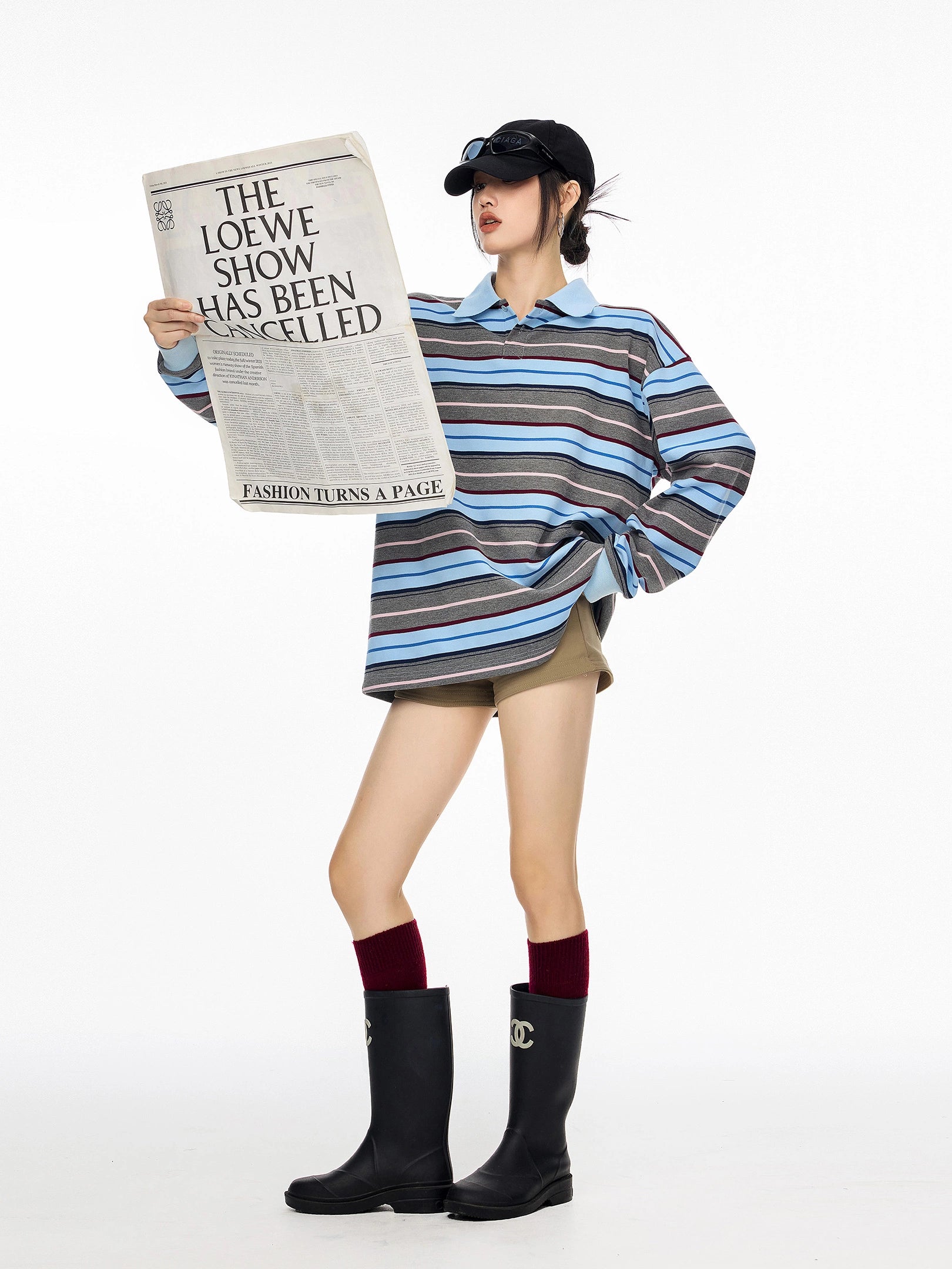 ICH MODE 美式复古条纹长袖T恤女秋冬新款拼接运动POLO衫休闲上衣