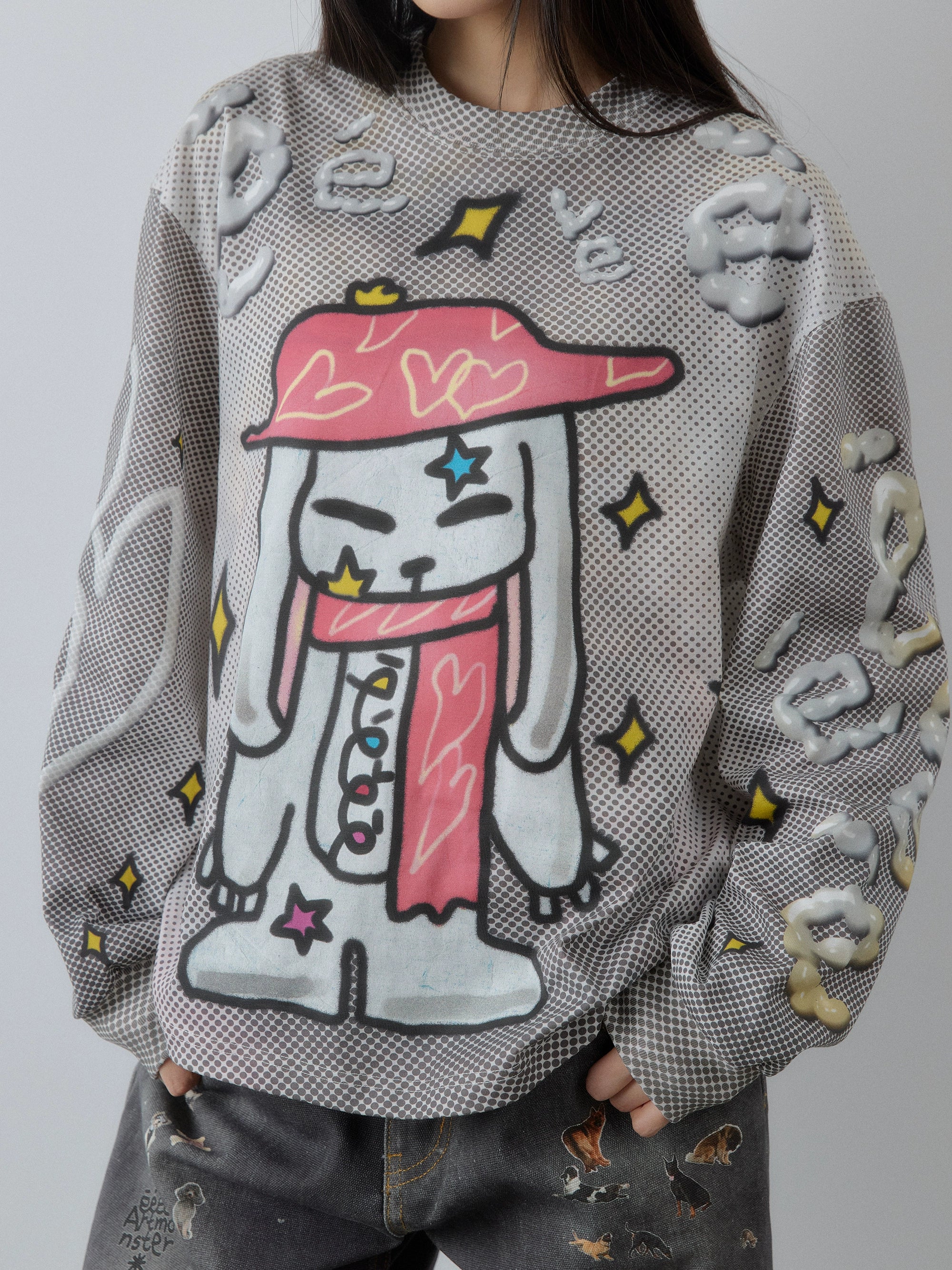 “礼帽兔子”| eeee设计感手绘涂鸦插画T恤3D字母满印波点长袖TEE