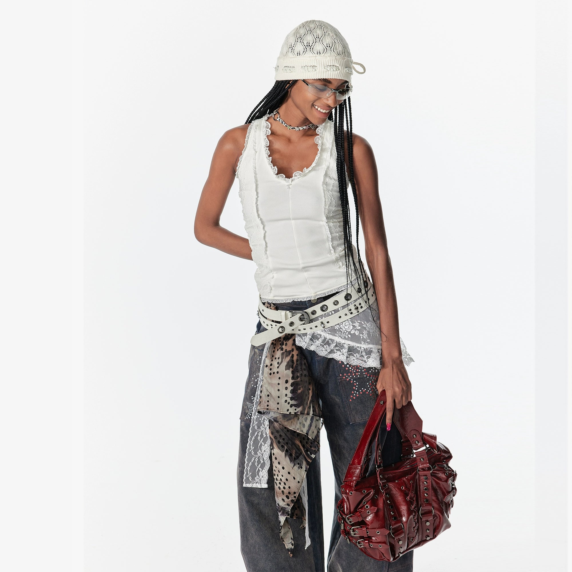 2th Desire蕾丝拼接镂空亮闪工字吊带背心弹力露背内搭外穿上衣女