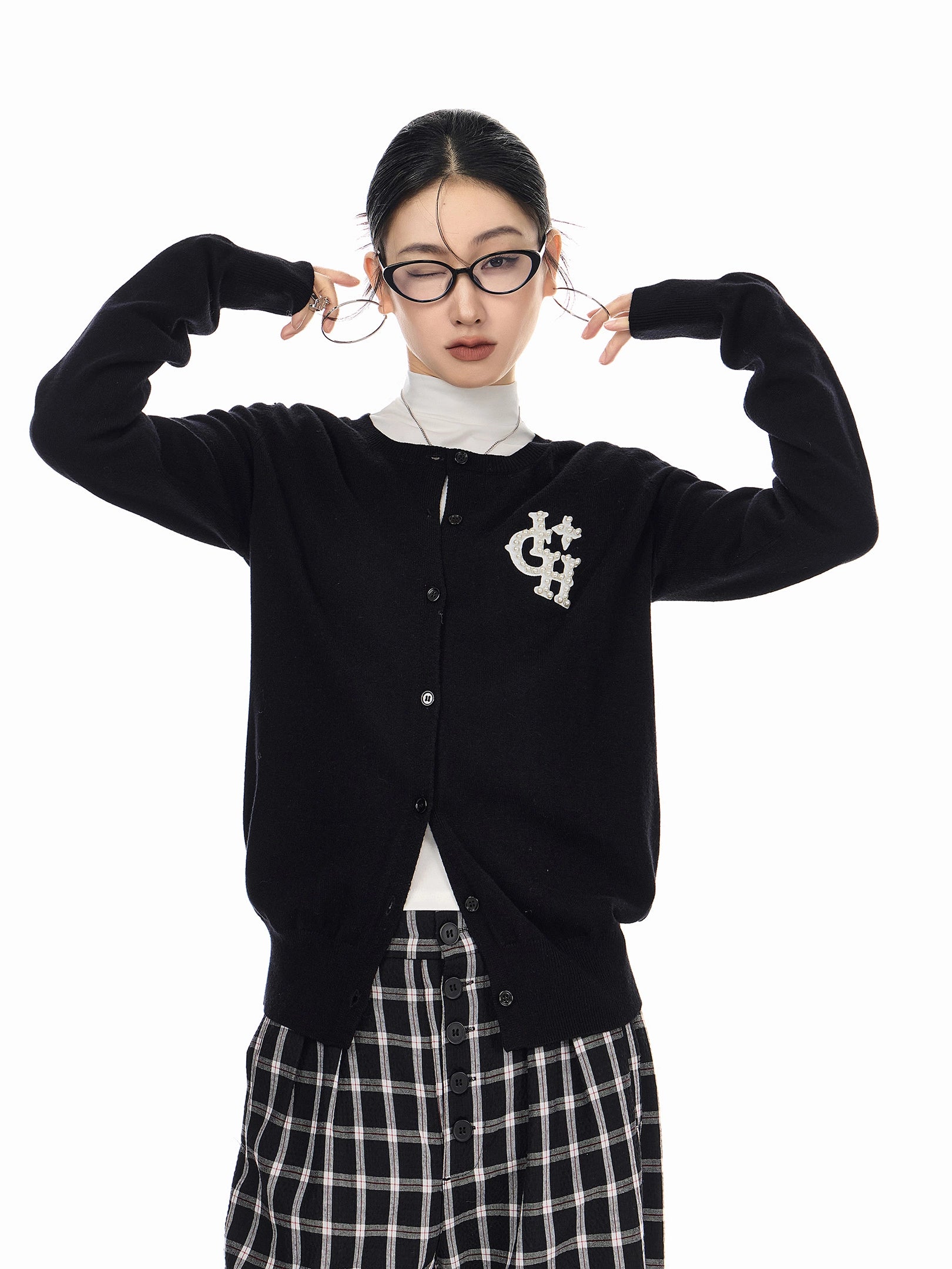 ICH MODE 美式复古珍珠针织开衫女秋冬季氛围感外搭休闲毛衣外套