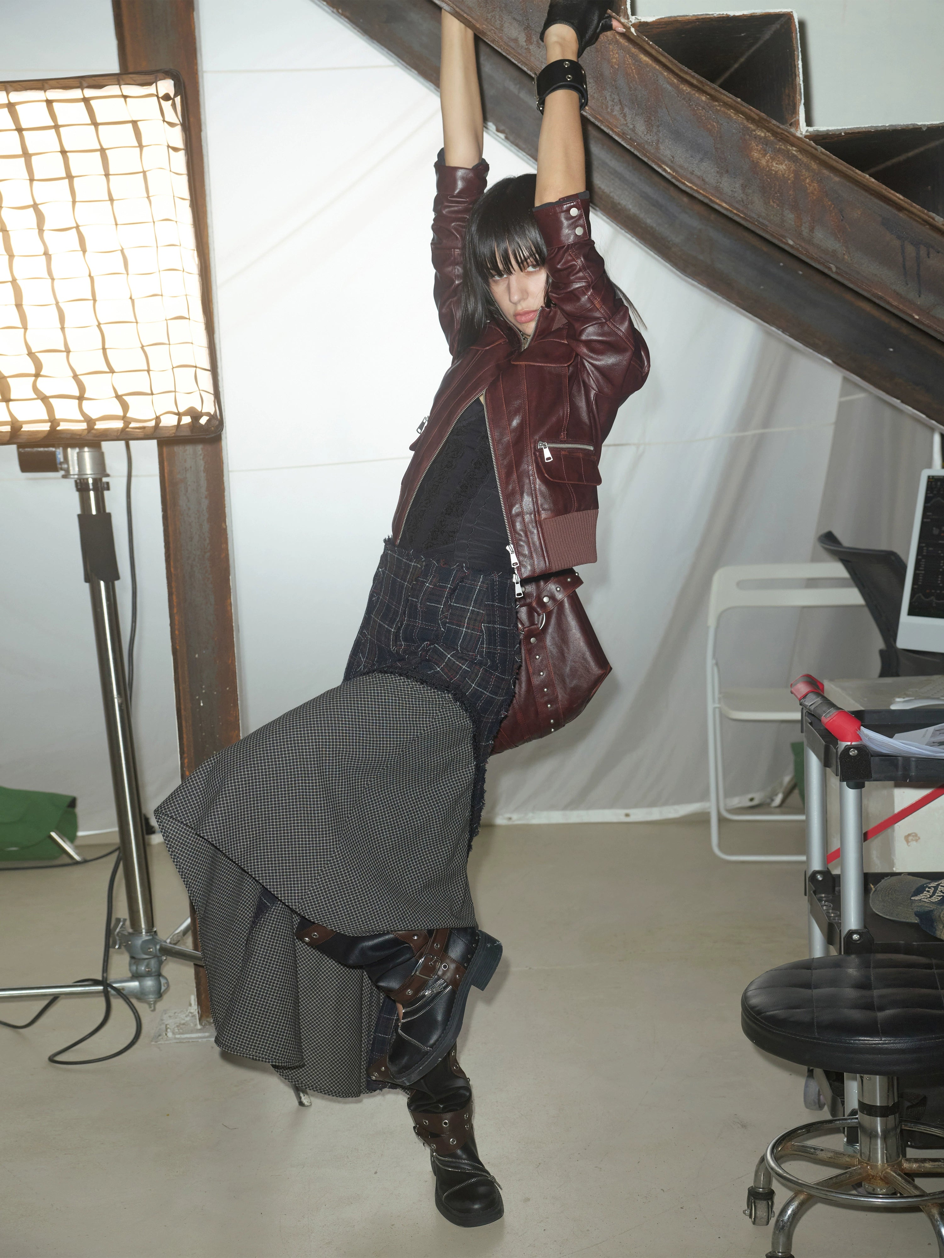 2th Desire100羊毛格纹撞色拼接毛边秋冬a字毛呢不规则长款半身裙