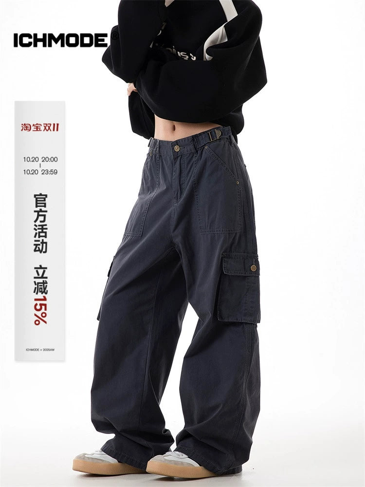 ICH MODE 美式复古口袋工装裤女2025新款秋宽松直筒阔腿休闲裤