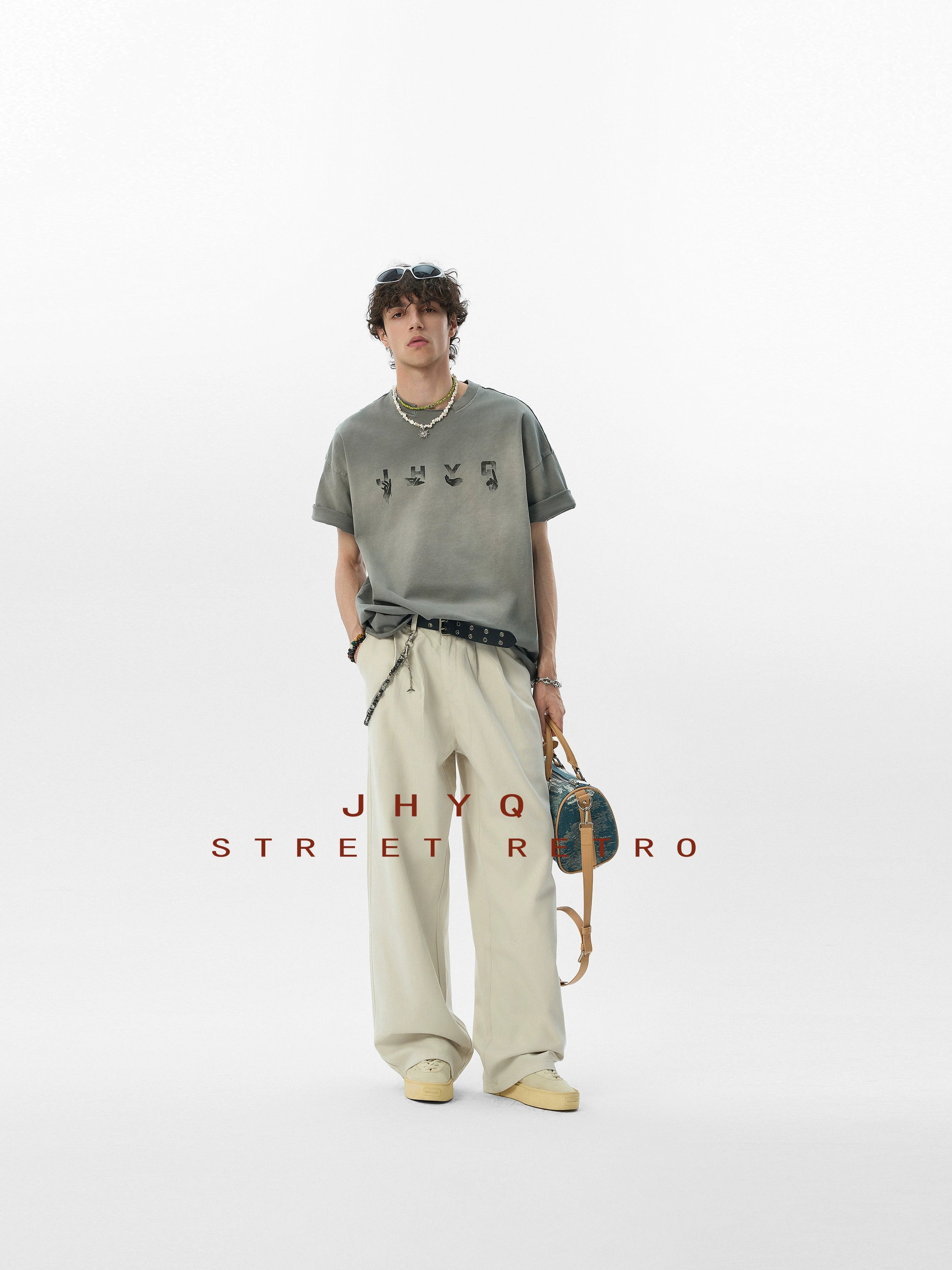 【水洗系列】JHYQ美式做旧创意手势印花落肩双领短袖T恤男夏宽松