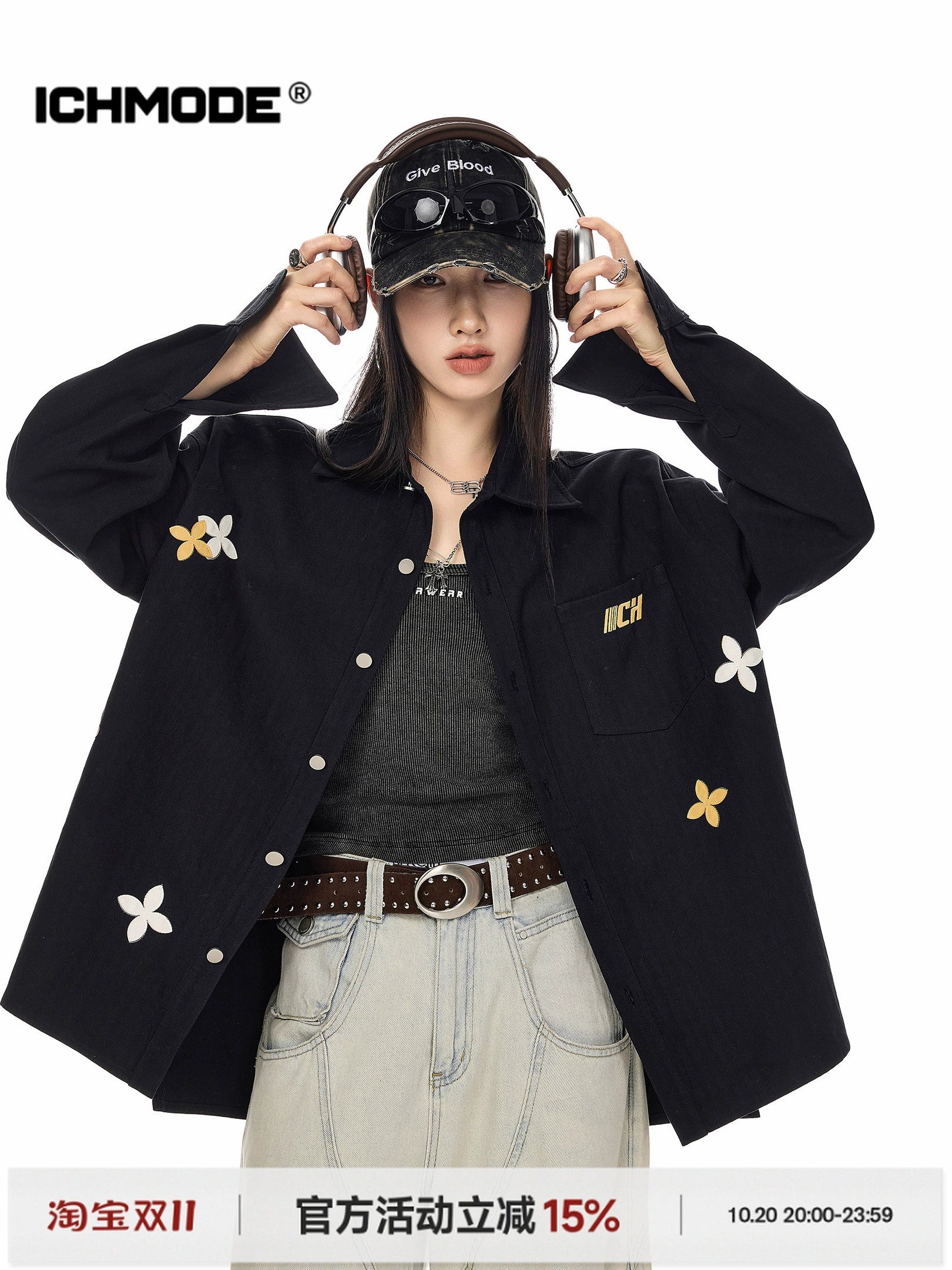 ICH MODE 美式复古刺绣长袖衬衫女2025新款宽松衬衣休闲开衫外套