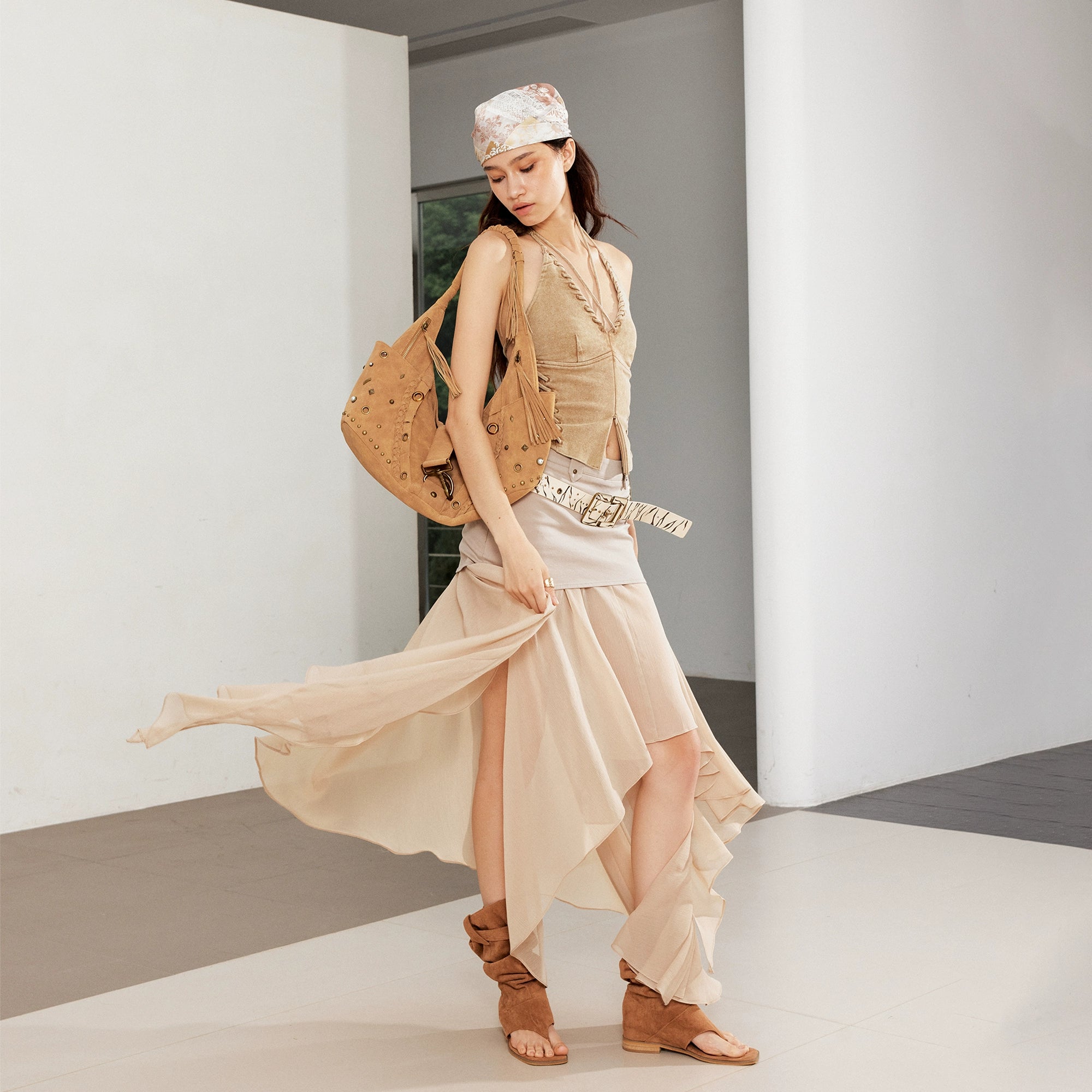 2th Desire洗水做旧穿绳交叉露背鱼骨胸衣绑带V领挂脖吊带背心女