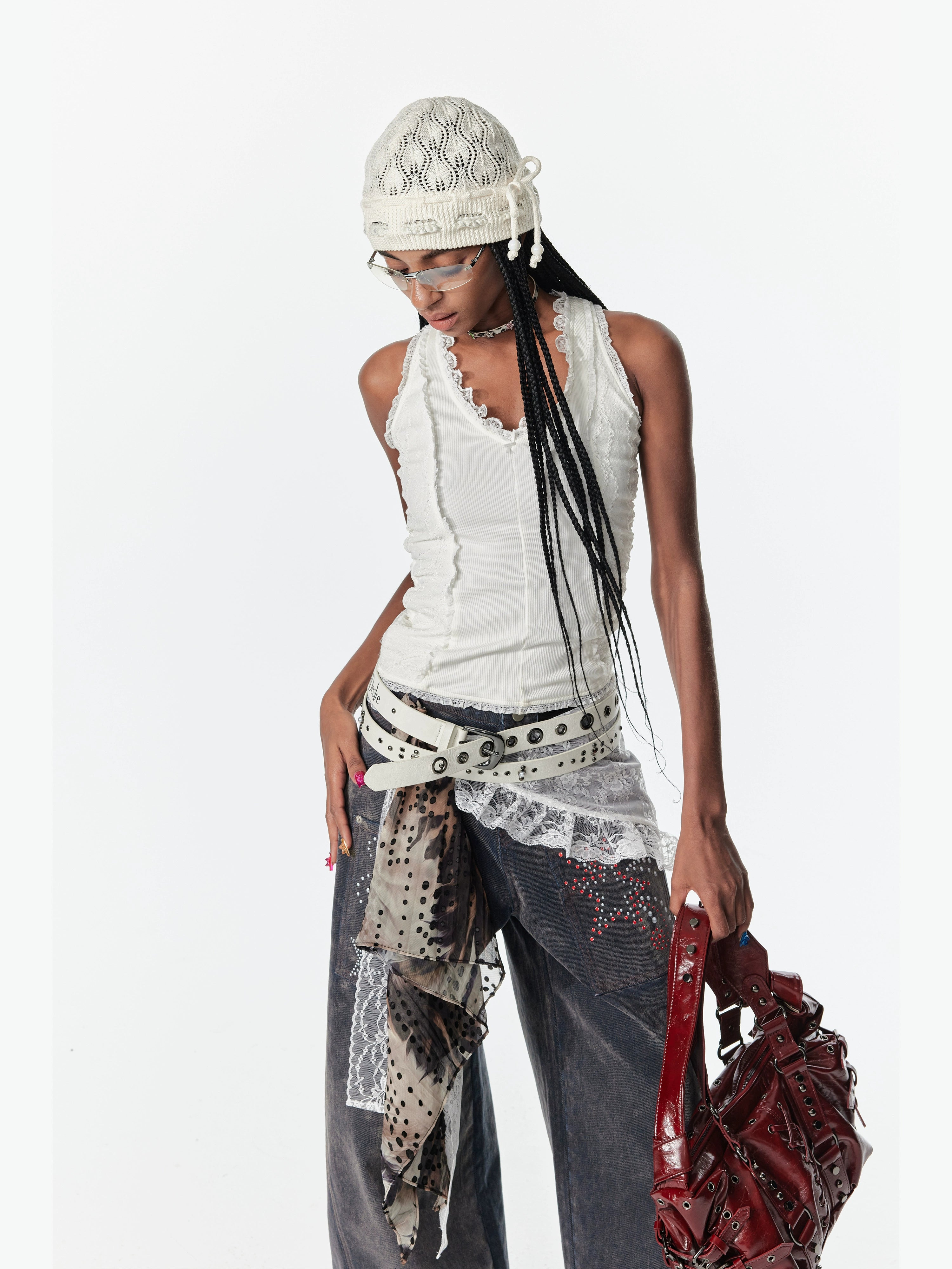 2th Desire蕾丝拼接镂空亮闪工字吊带背心弹力露背内搭外穿上衣女