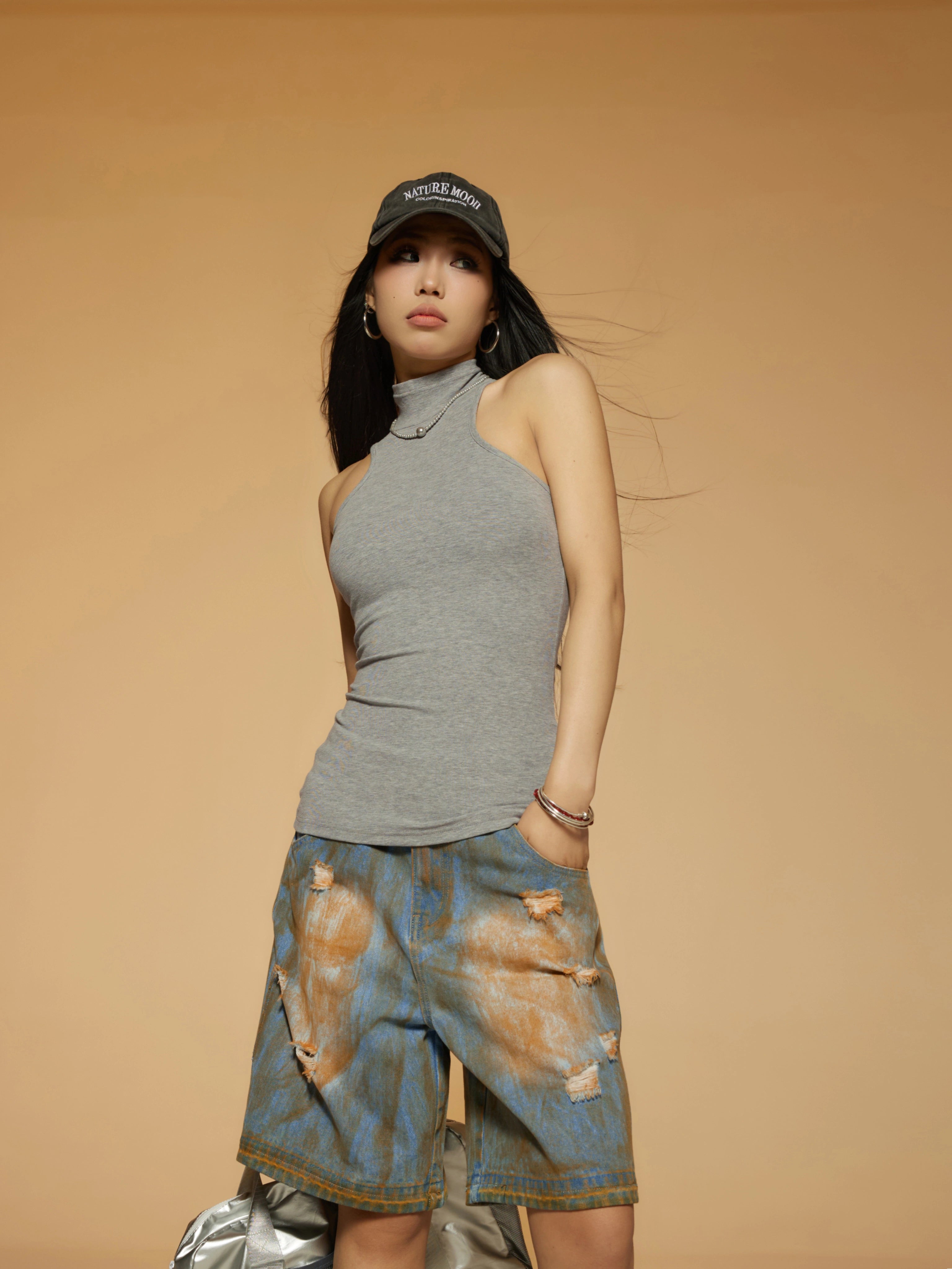 野生zerocircle复古蓝水洗低腰牛仔短裤女春小众显瘦宽松直筒裤子