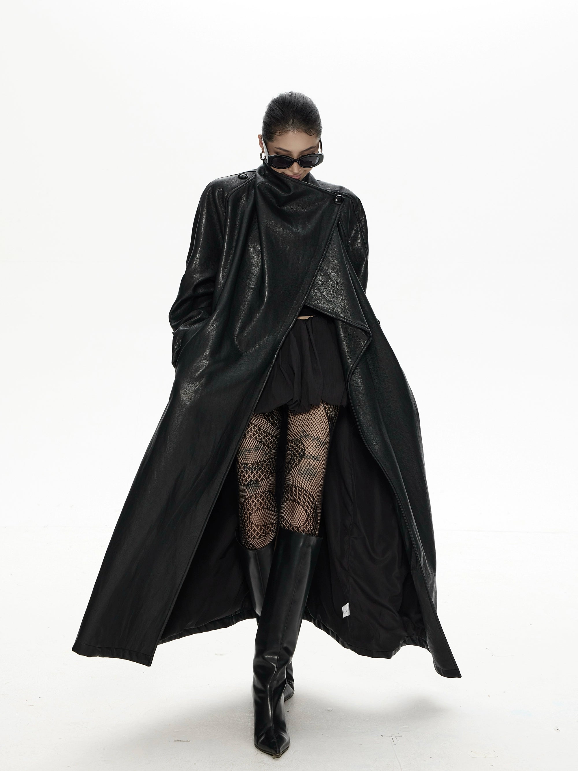 野生zero 翻领长款pu皮衣女秋冬2025新款酷飒风宽松大衣风衣外套