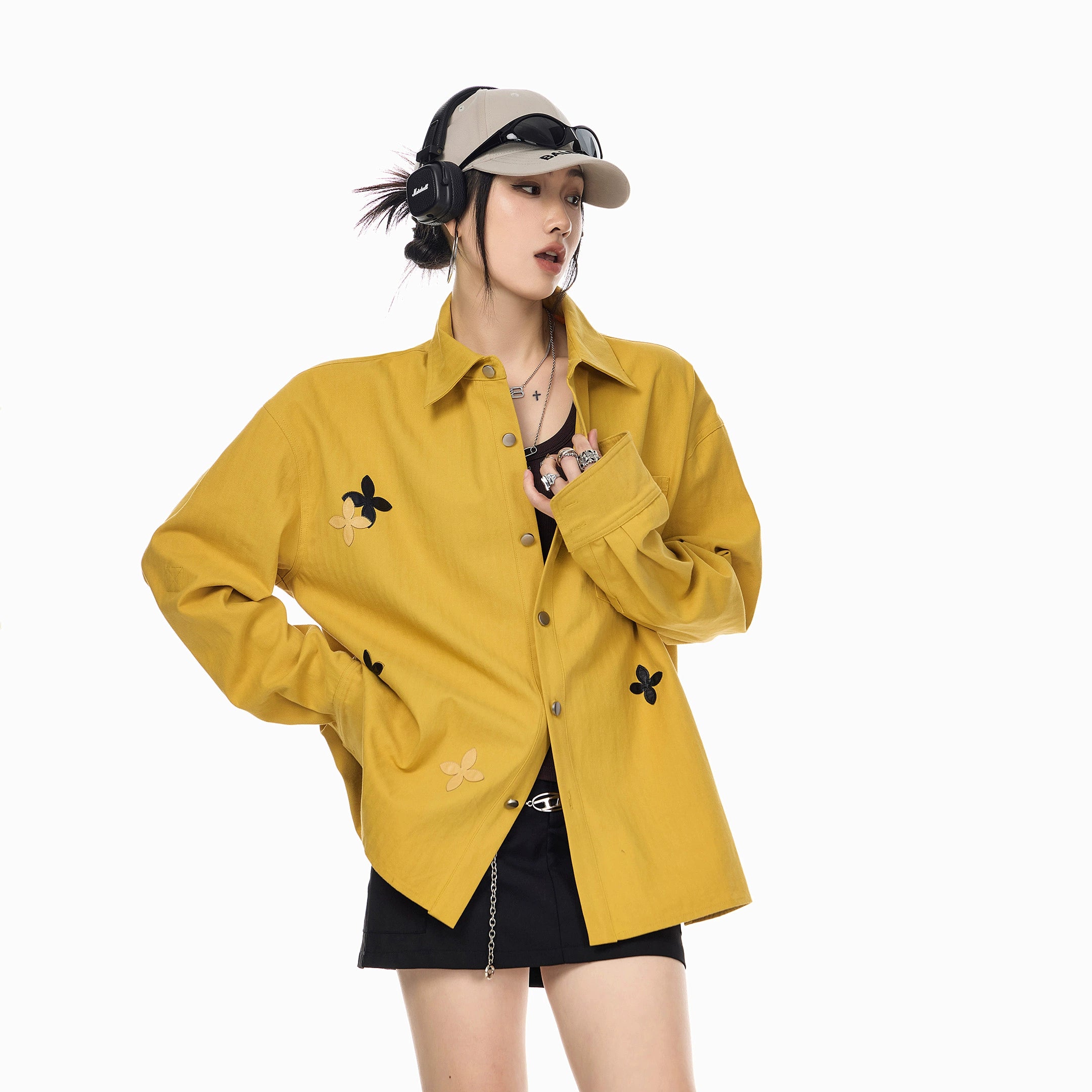 ICH MODE 美式复古刺绣长袖衬衫女2025新款宽松衬衣休闲开衫外套