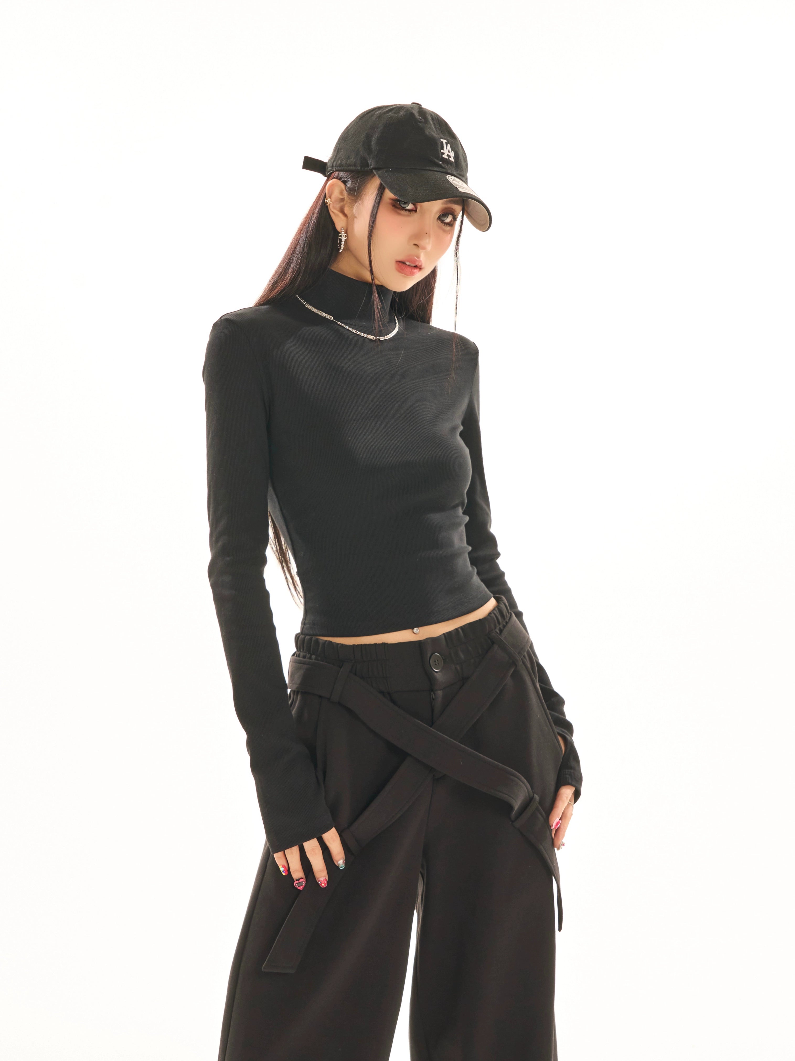 野生zerocircle 白黑灰色长袖t恤女春高领打底衫修身露背针织上衣