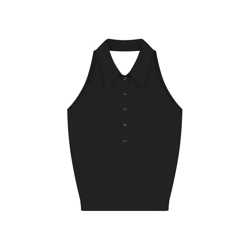 野生zero 黑灰色无袖背心女夏设计感辣妹宽松polo领露背镂空上衣