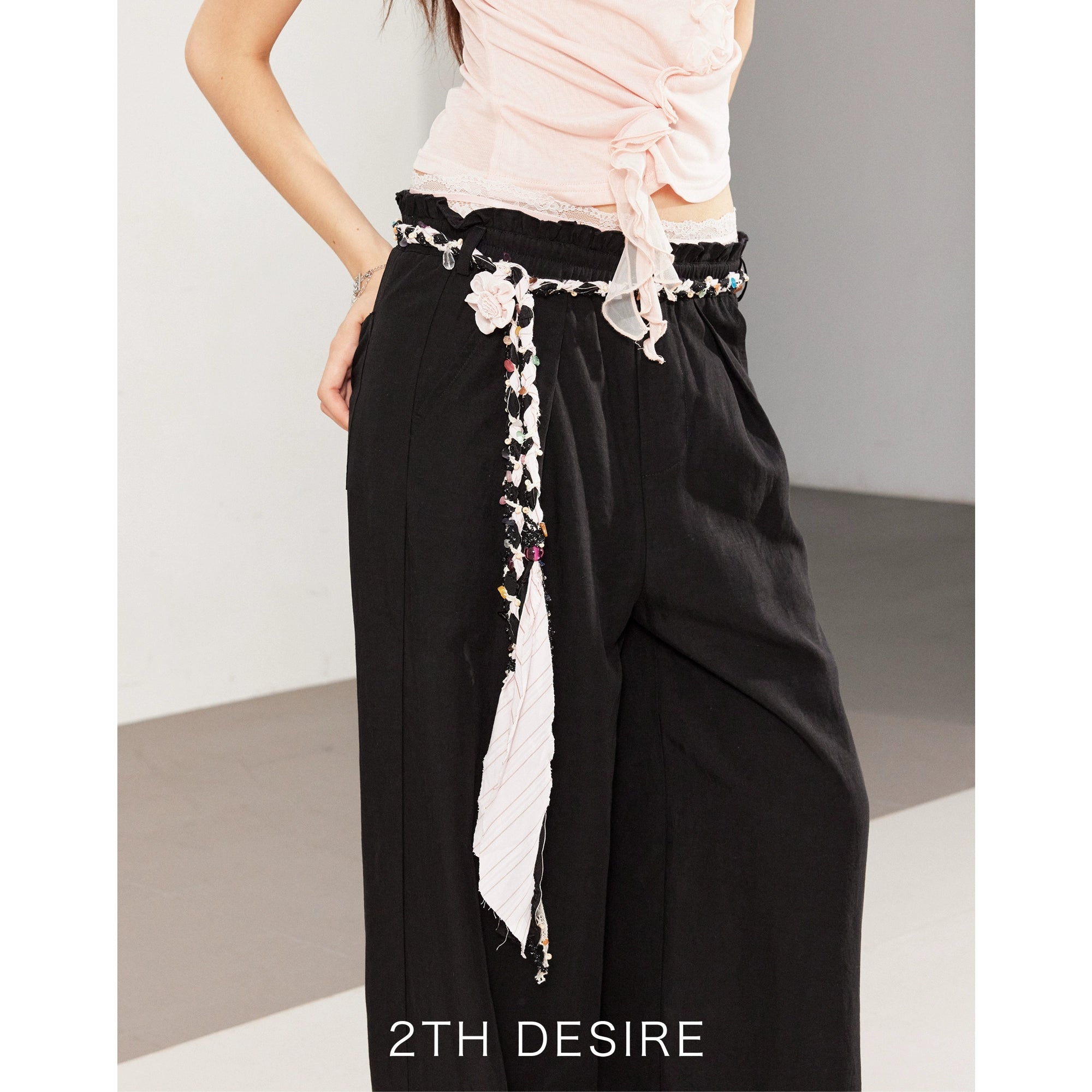 2th Desire复古手工编织亚麻腰带撞色条纹串珠彩色石头流浪感腰绳