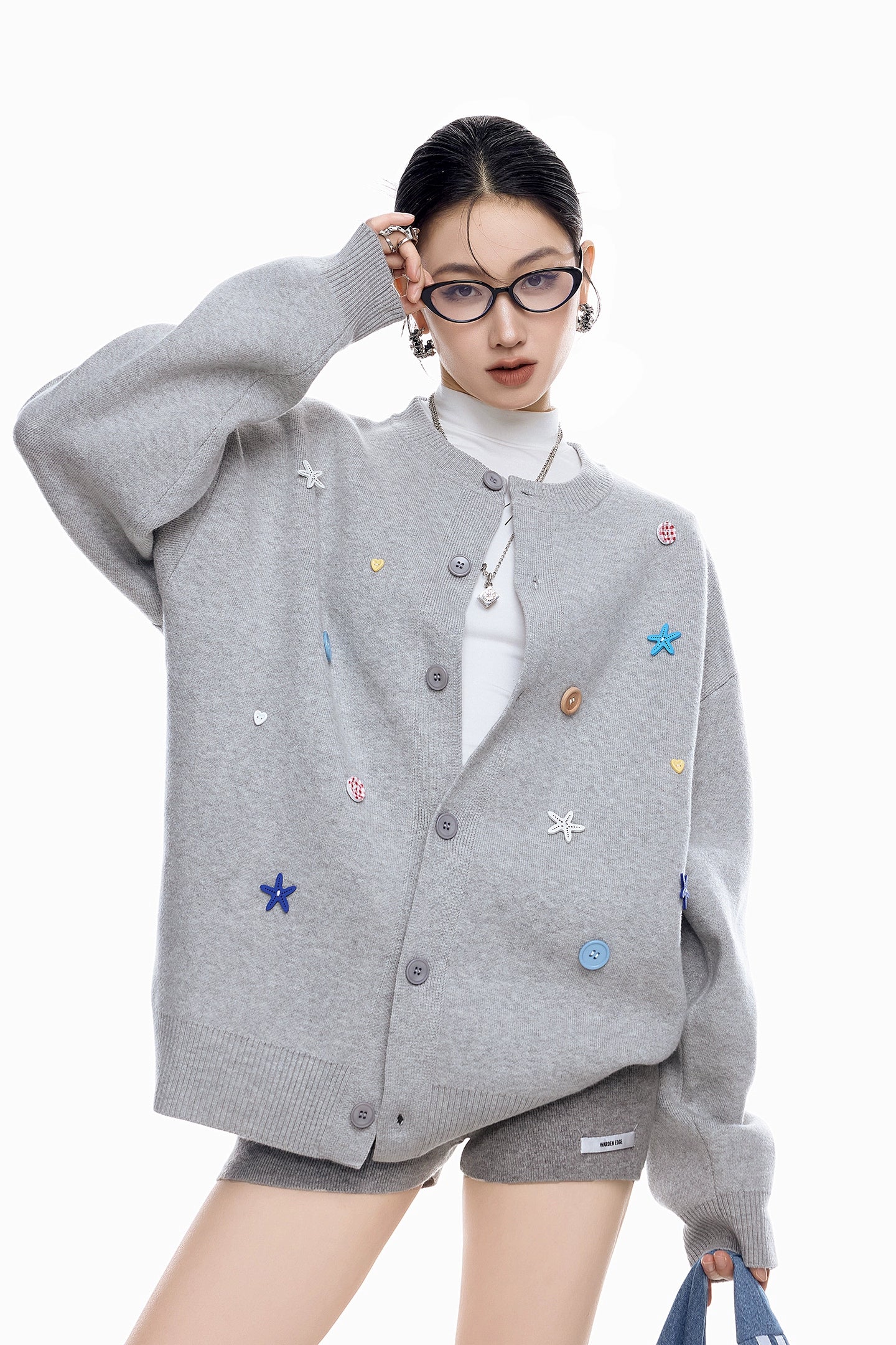 ICH MODE 美式复古海星纽扣针织开衫女秋冬季慵懒氛围感毛衣外套