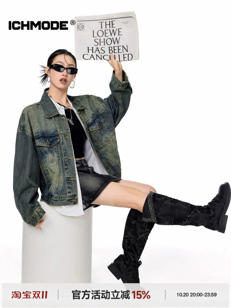 ICH MODE 美式复古水洗牛仔外套女2025新款秋季宽松夹克短上衣潮