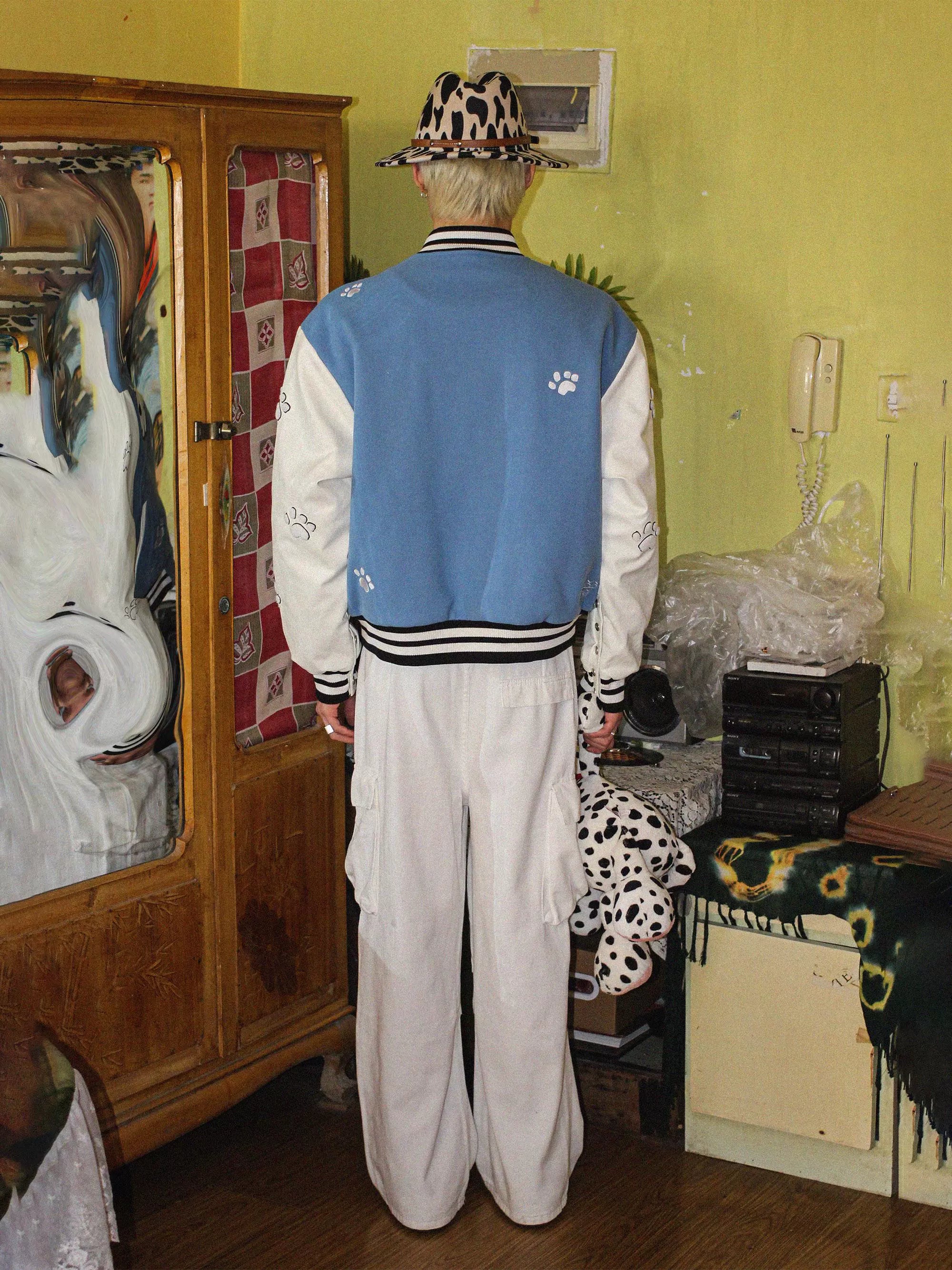 “逃跑小狗” | eeeeArtmonster24FW斑点狗蓝白棒球服棉外套夹克