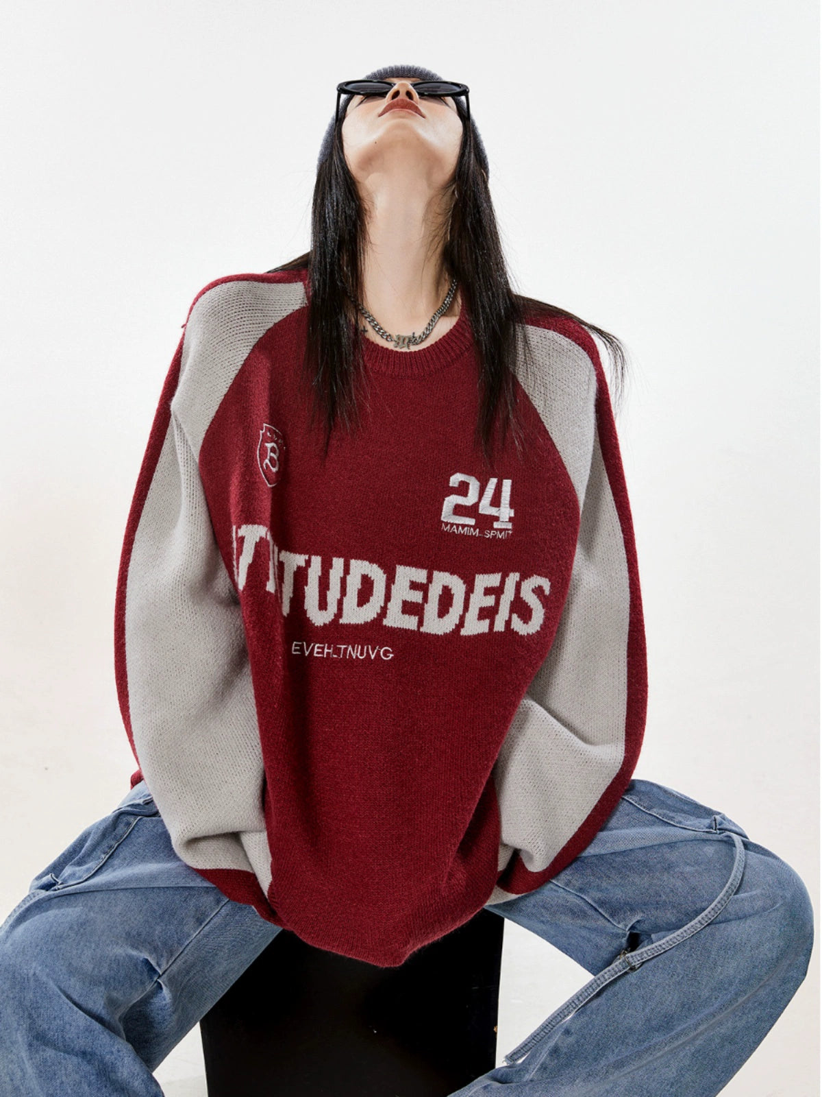 ICH MODE 美式复古撞色红色毛衣秋冬女宽松慵懒风针织衫外套新款