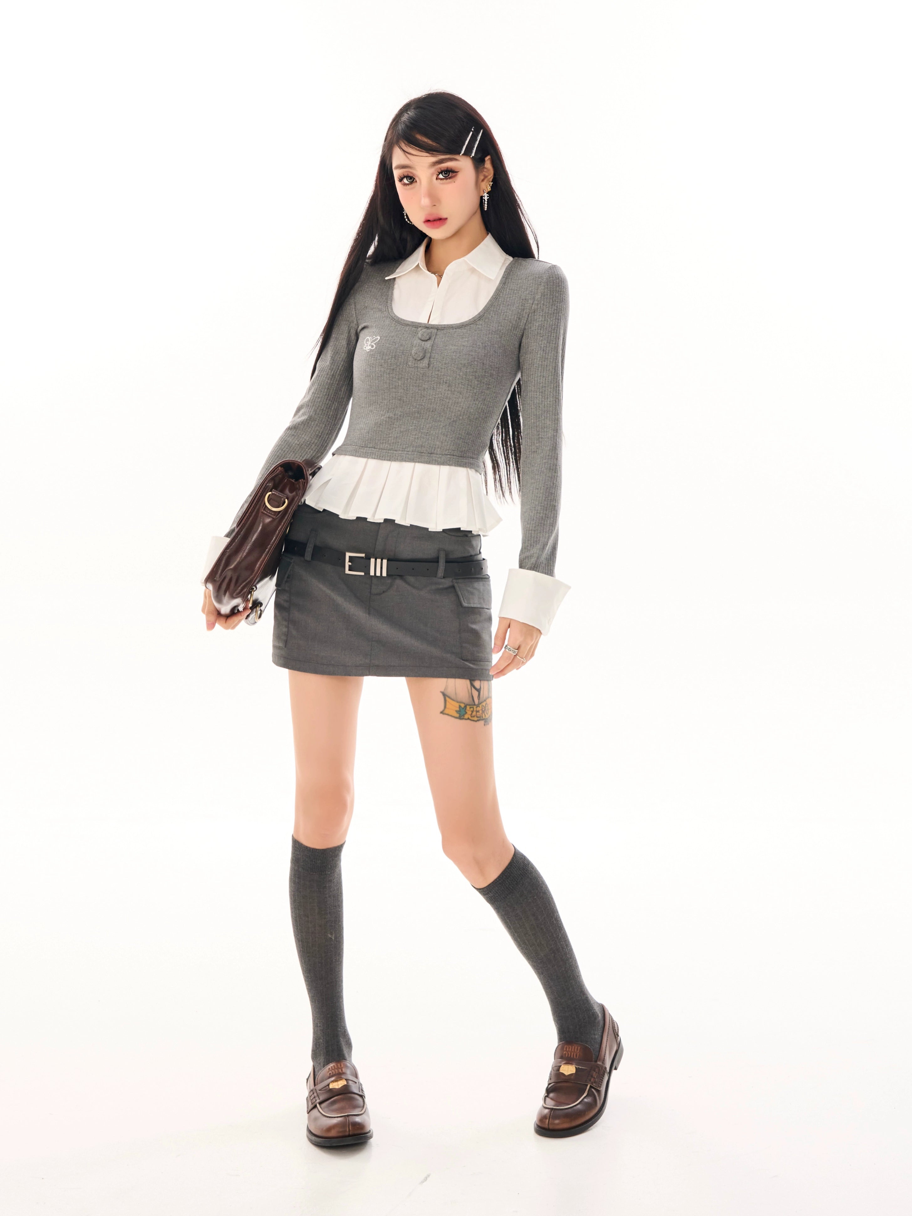 野生zerocircle灰色假两件针织衫女春季韩系修身显瘦拼接长袖上衣