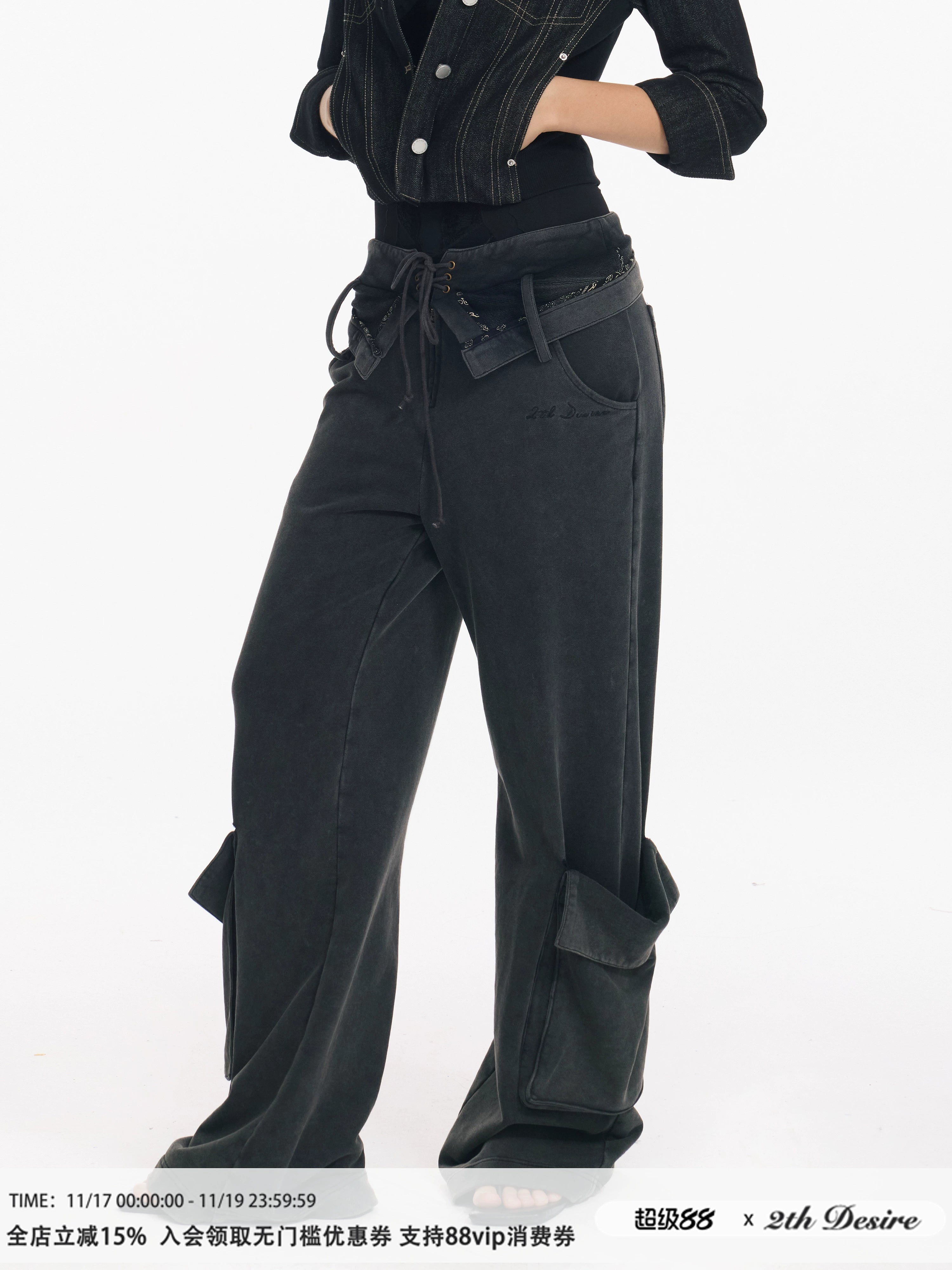 2th Desire原创做旧水洗立体口袋翻折腰头绑带设计感直筒工装长裤