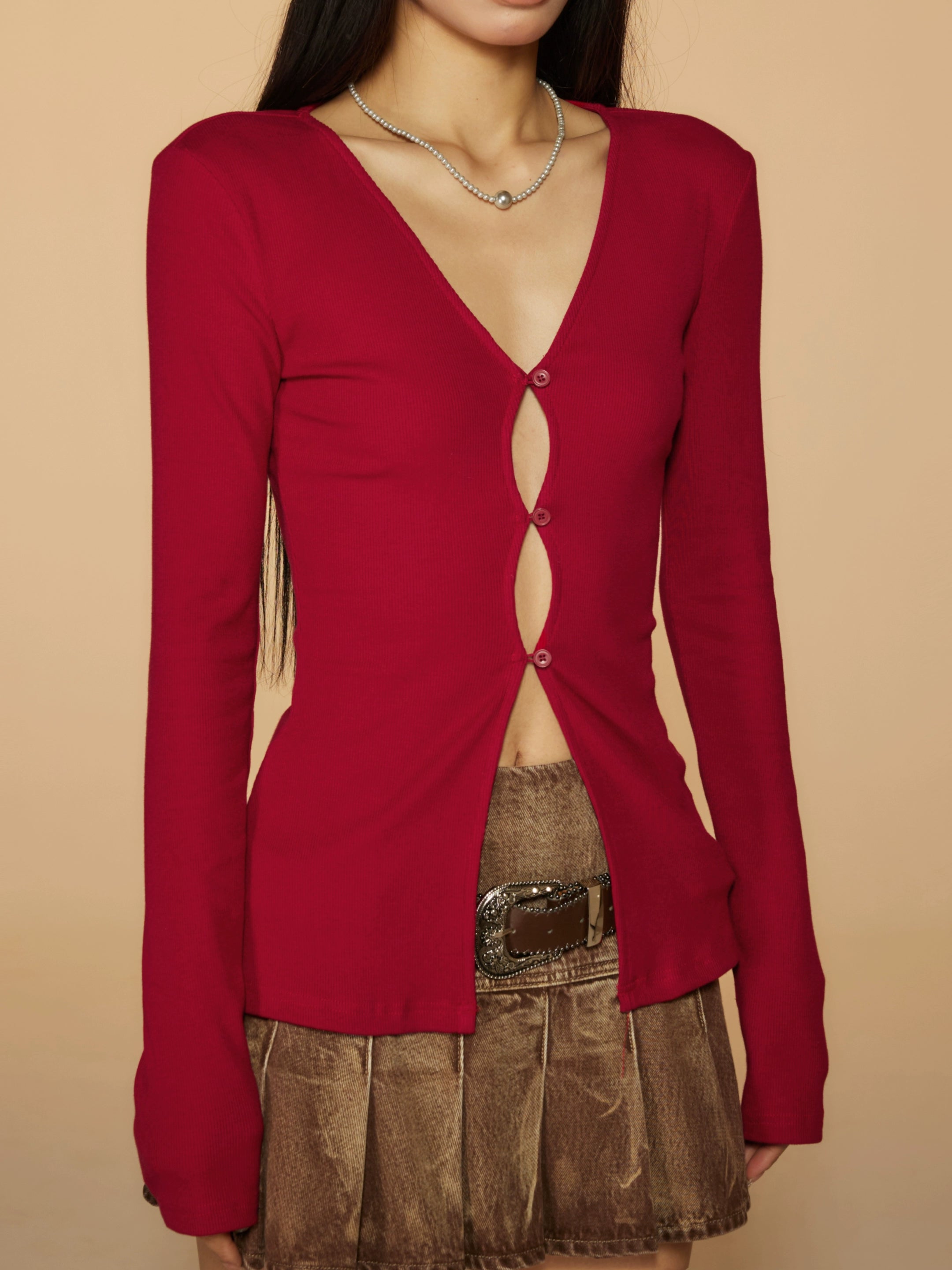 野生zerocircle 灰黑红色镂空针织衫女春辣妹小众修身v领长袖上衣