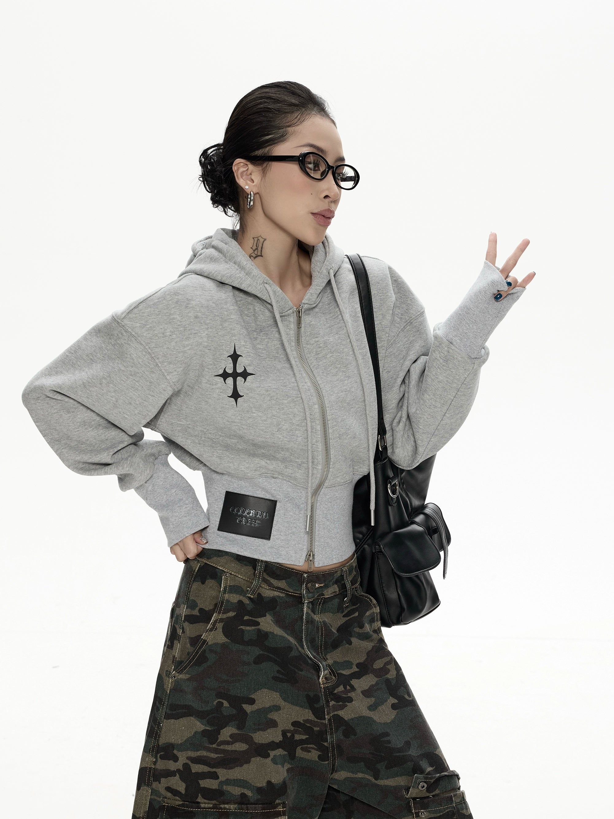 野生zero 开衫印花卫衣女秋冬新款美式复古加厚短款长袖上衣外套