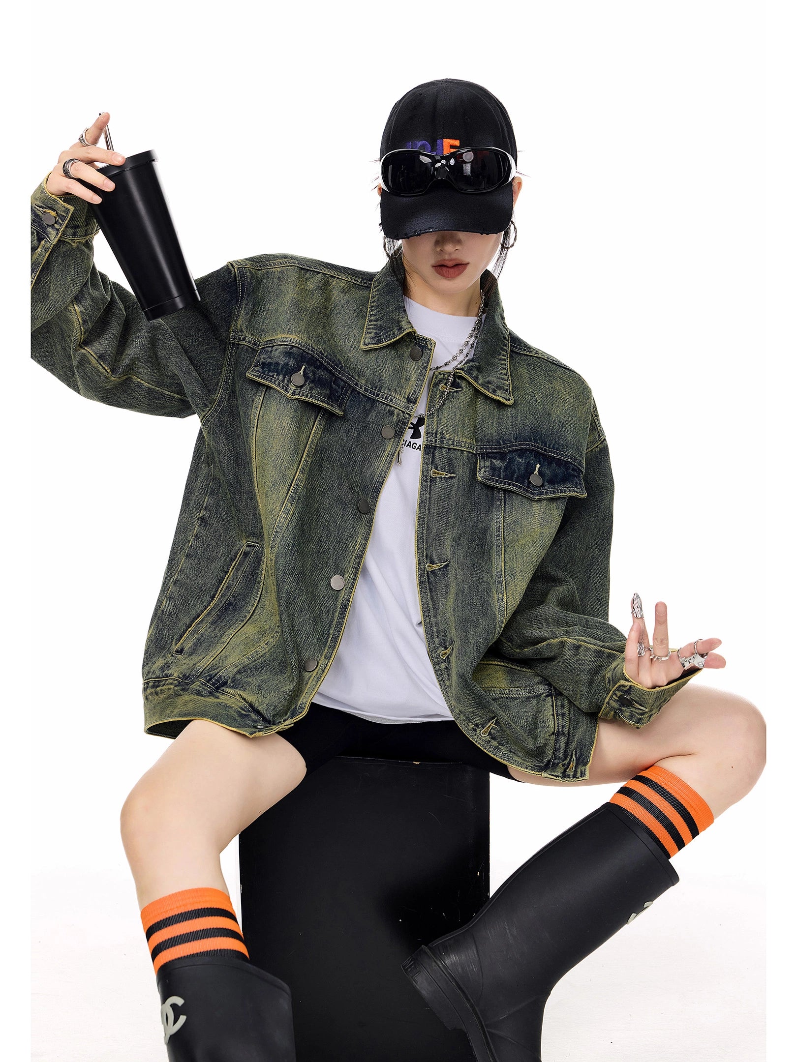 ICH MODE 美式复古水洗牛仔外套女秋冬翻领工装夹克宽松休闲上衣