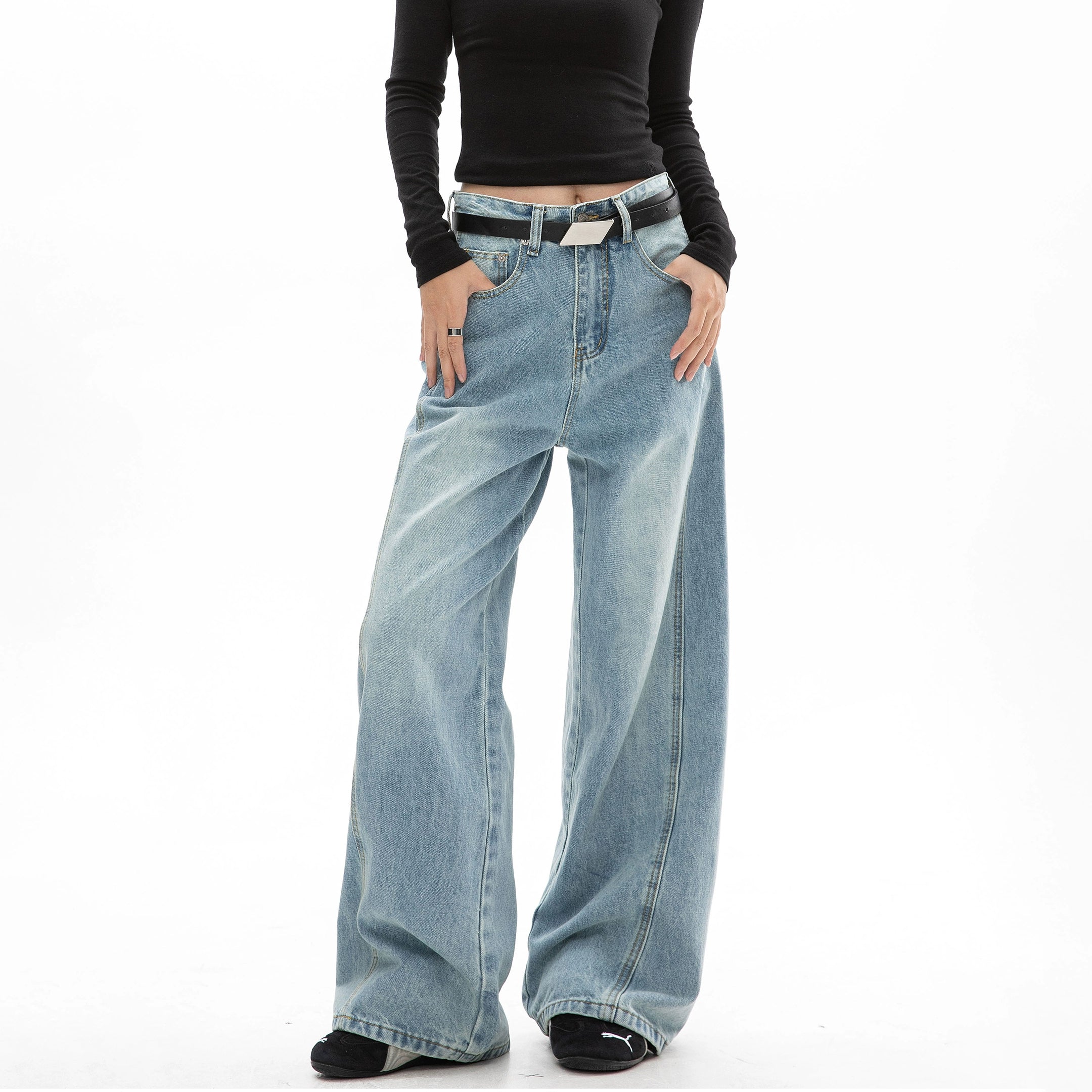 ICH MODE 美式复古水洗直筒牛仔裤女夏季阔腿弯刀裤百搭休闲长裤