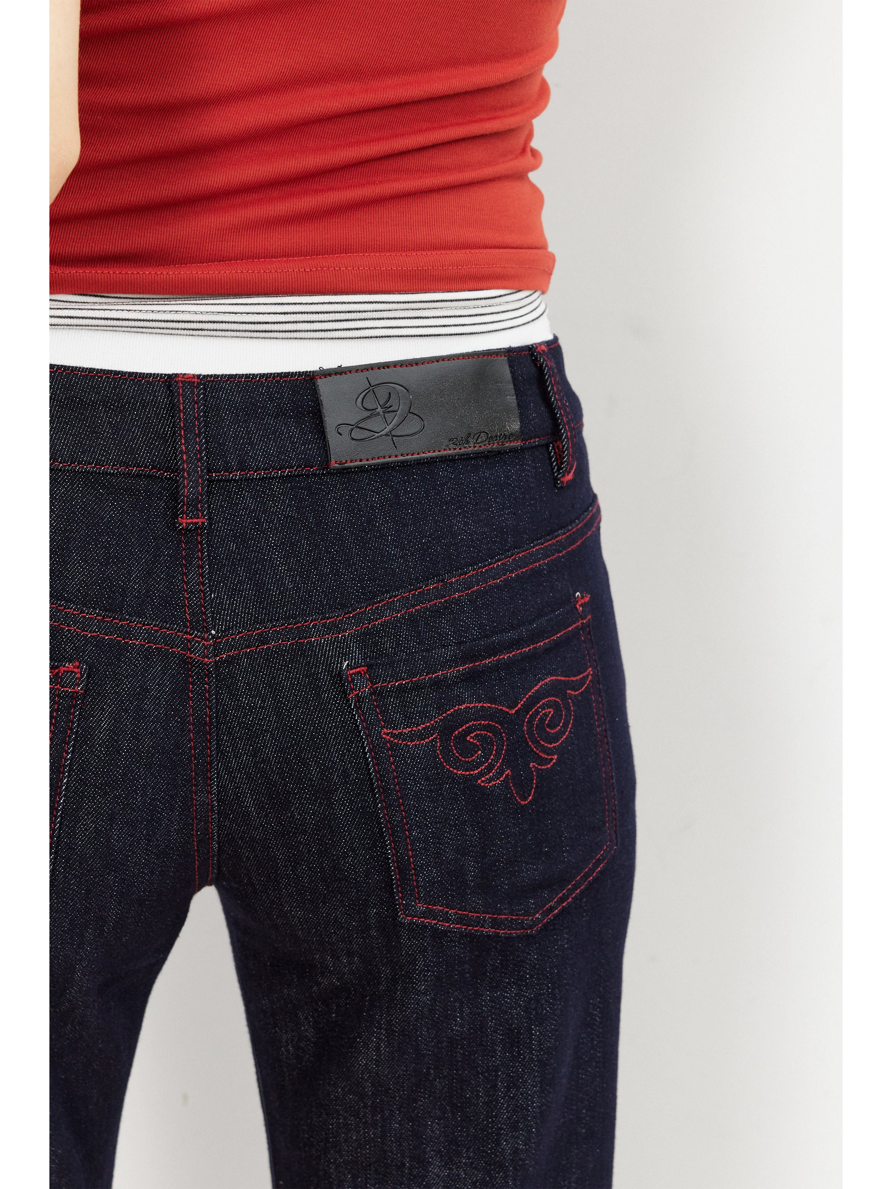 2th Desire复古撞色红条烫钻图腾印花原牛低腰显瘦直筒牛仔裤女