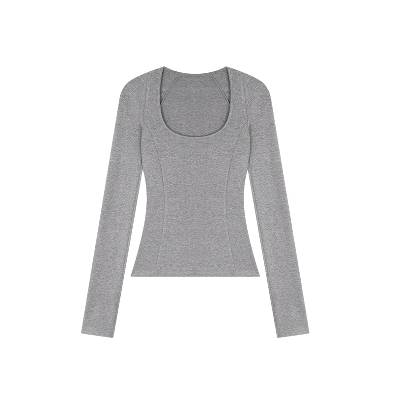 野生zerocircle 黑灰棕色u领打底衫女春秋季修身显瘦长袖针织上衣