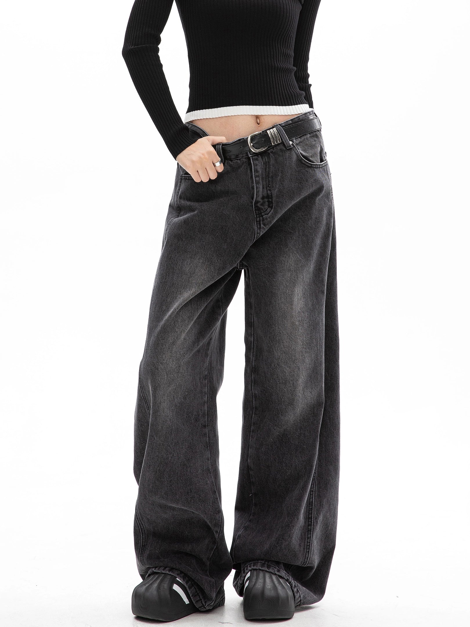 ICH MODE 美式复古水洗直筒牛仔裤女夏季阔腿弯刀裤百搭休闲长裤