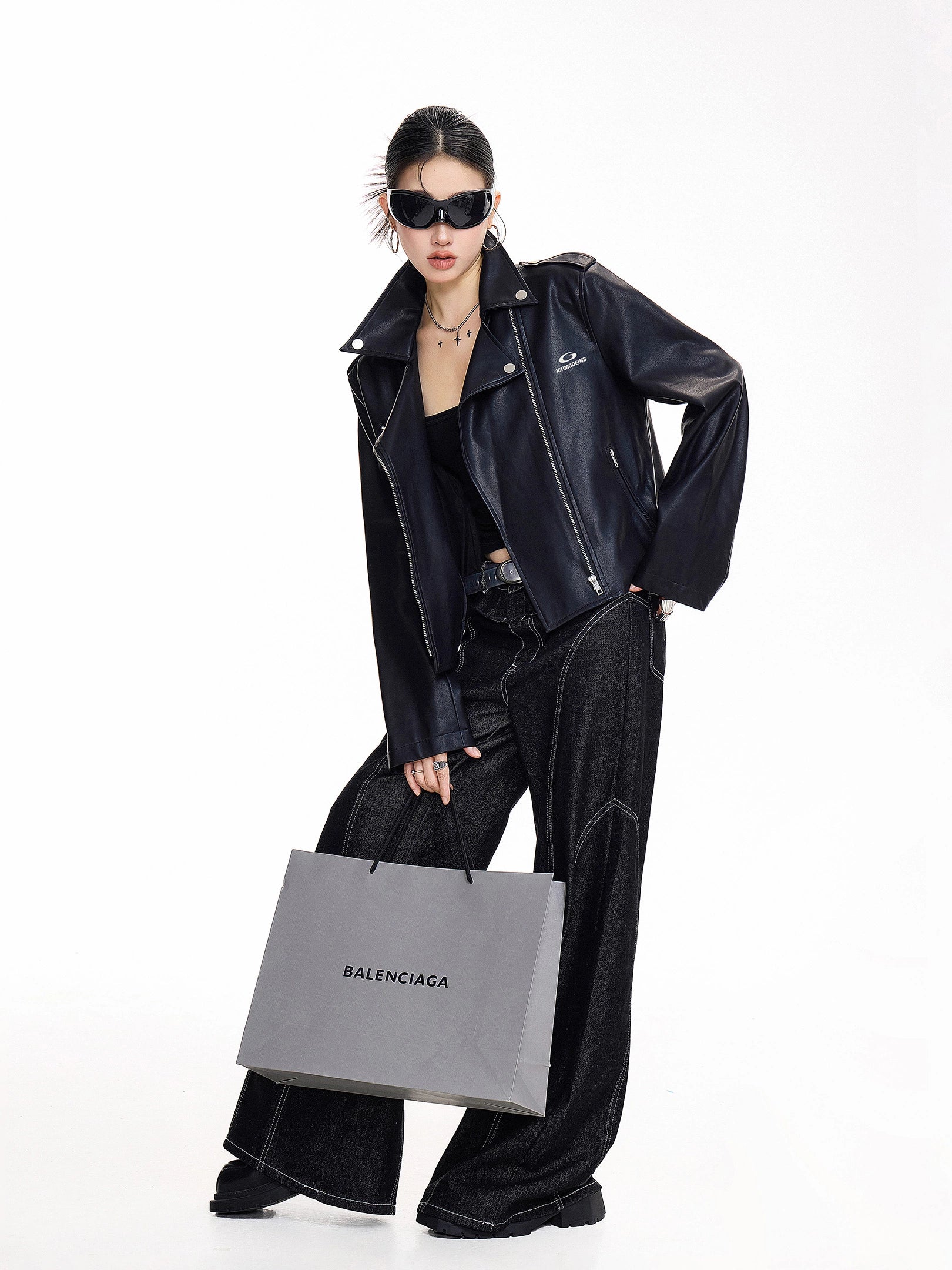 ICH MODE 美式复古机车皮衣外套女2025新款秋冬翻领工装夹克上衣