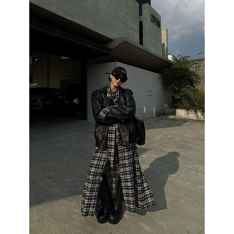 野生zero 复古黑色酷飒风pu皮衣女秋季新款机车宽松翻领上衣外套