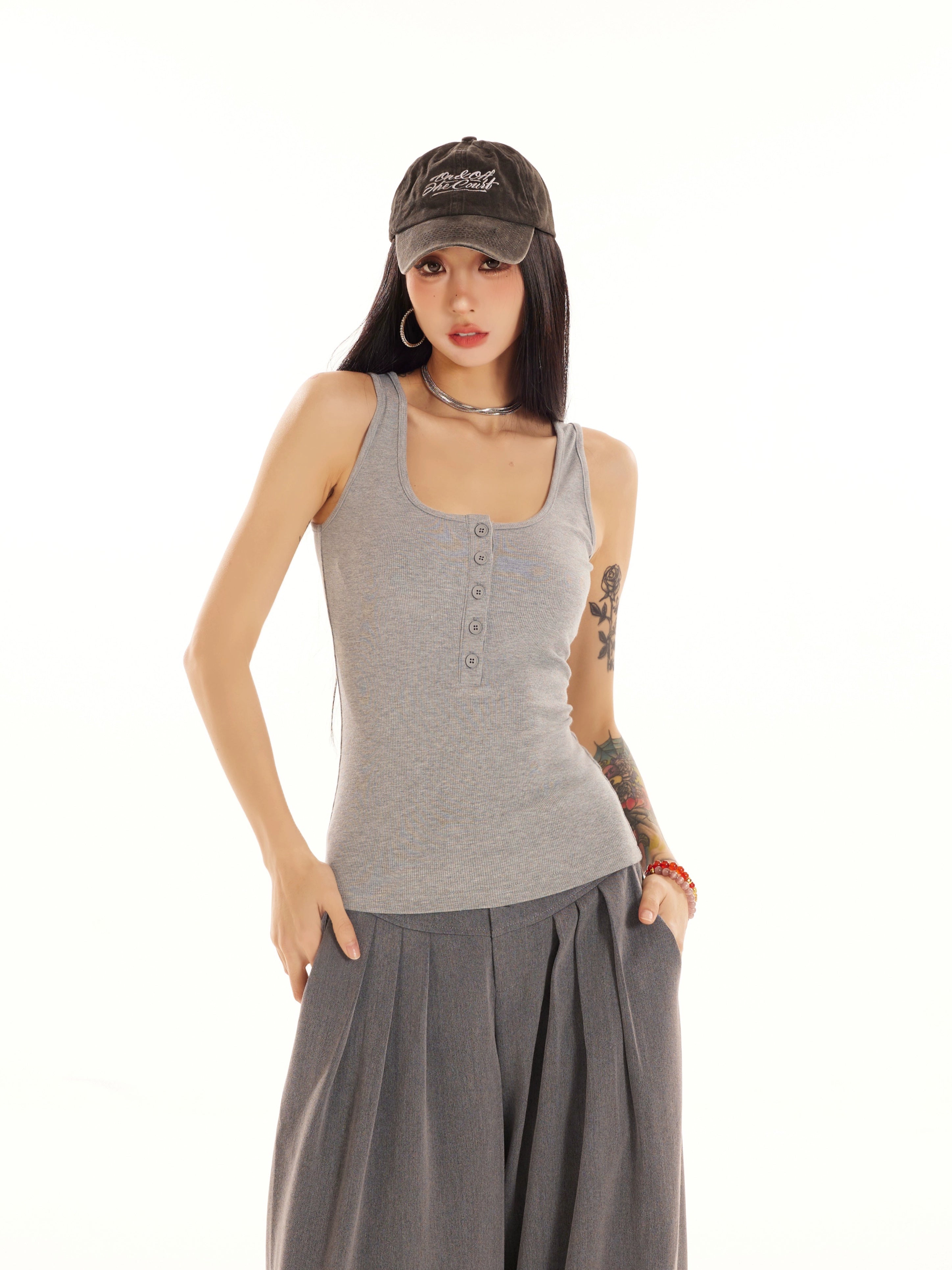 野生zero 白黑灰色u领背心针织内搭女春夏季外穿辣妹修身无袖上衣