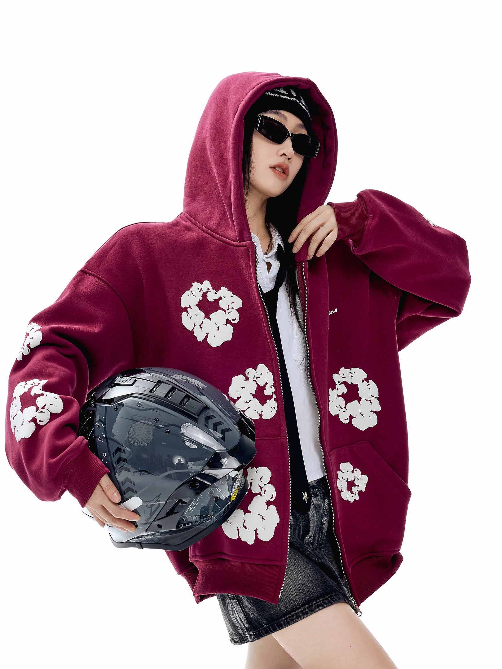 ICH MODE 美式复古木棉花连帽加绒卫衣外套女秋冬季宽松开衫上衣