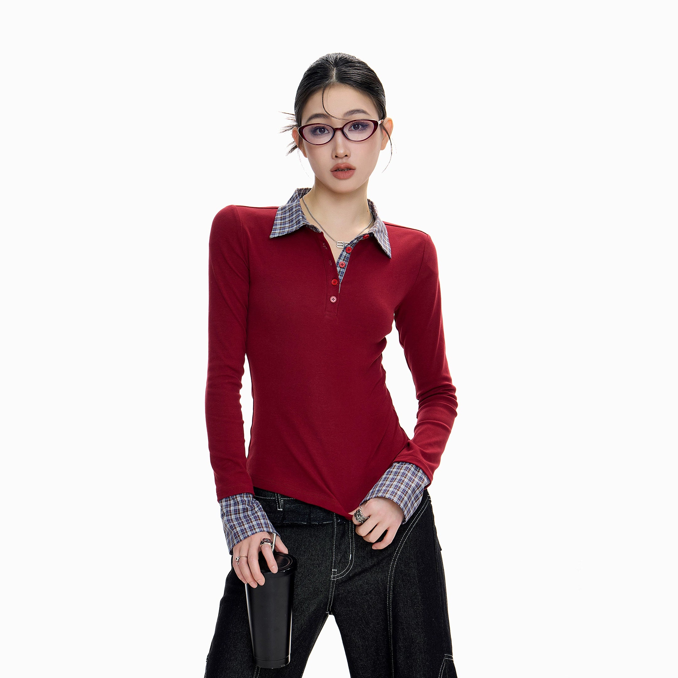 ICH MODE 美式假两件POLO领T恤女秋冬修身长袖格子内搭打底衫上衣