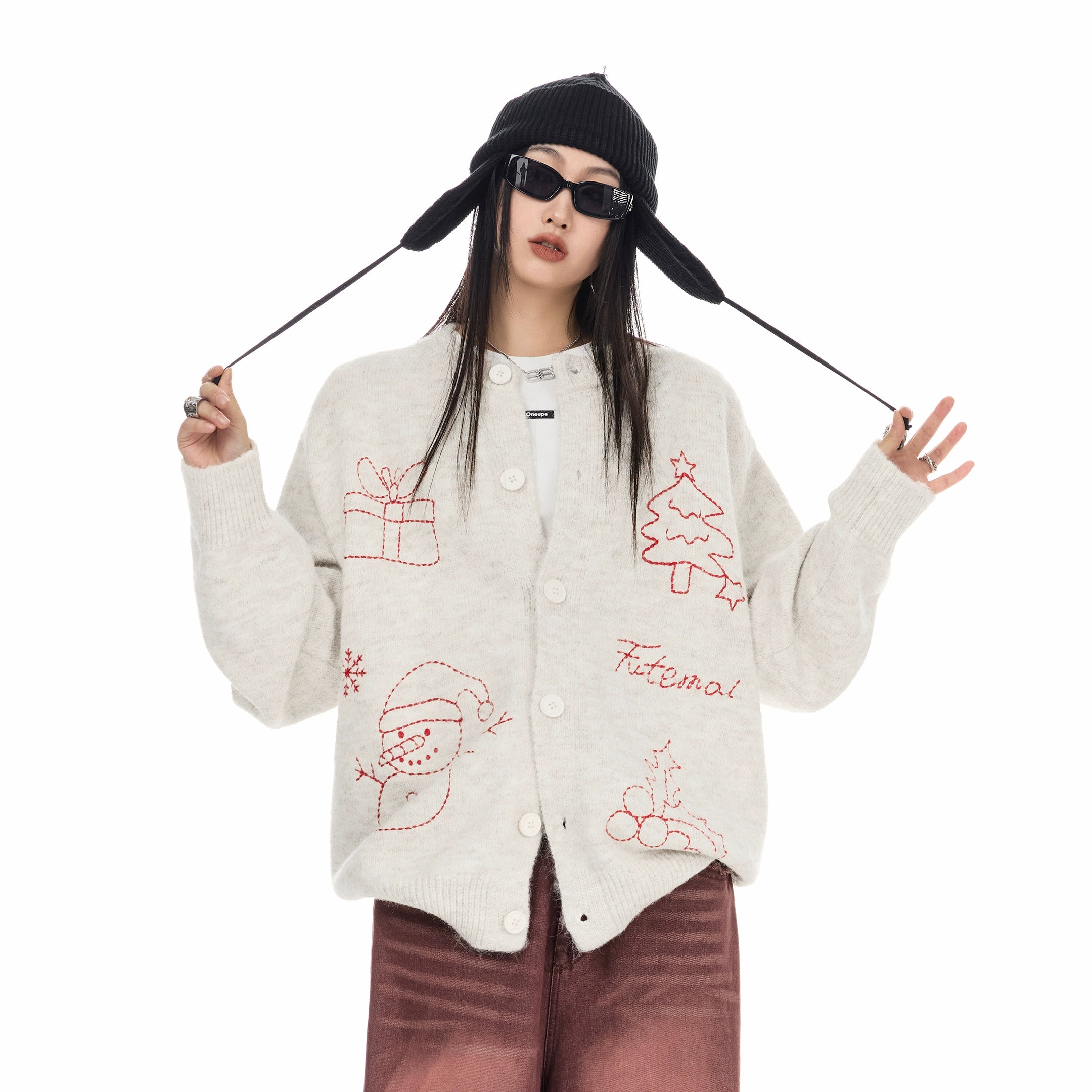 ICH MODE 美式复古圣诞针织毛衣开衫女2025新款秋冬休闲毛衣外套